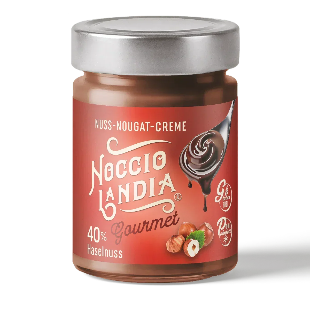 Słoik kremu orzechowego Nocciolandia Gourmet z 40% orzechów laskowych, etykieta czerwona