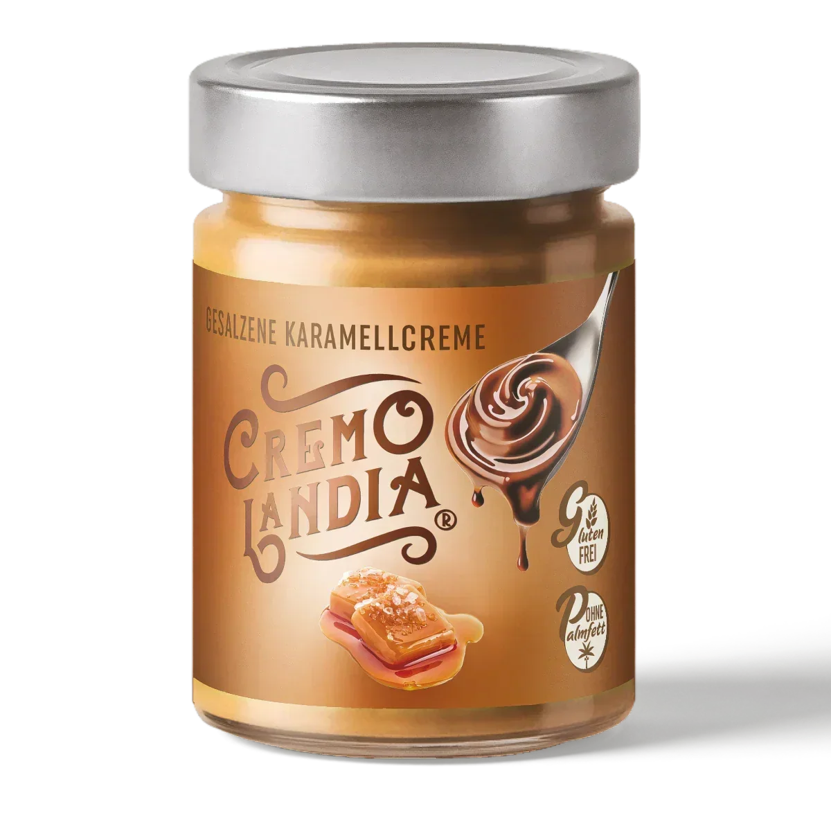 Słoik kremu orzechowego Cremolandia o smaku solonego karmelu, bez glutenu i palmowego tłuszczu