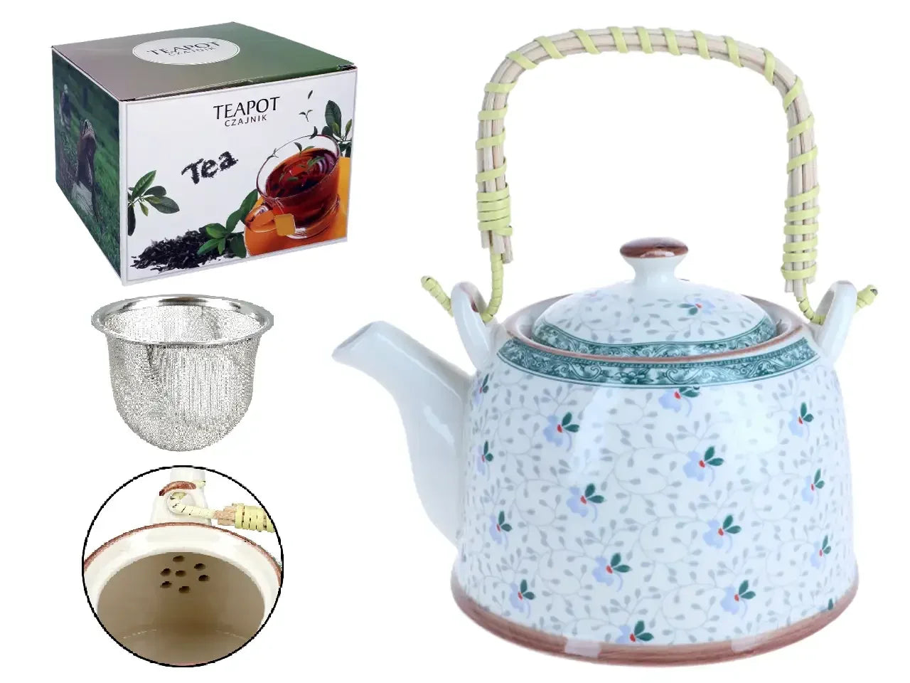 Ceramiczna czajnik herbaciany z roślinnym wzorem i bambusową rączką, zaparzacz ze stali nierdzewnej