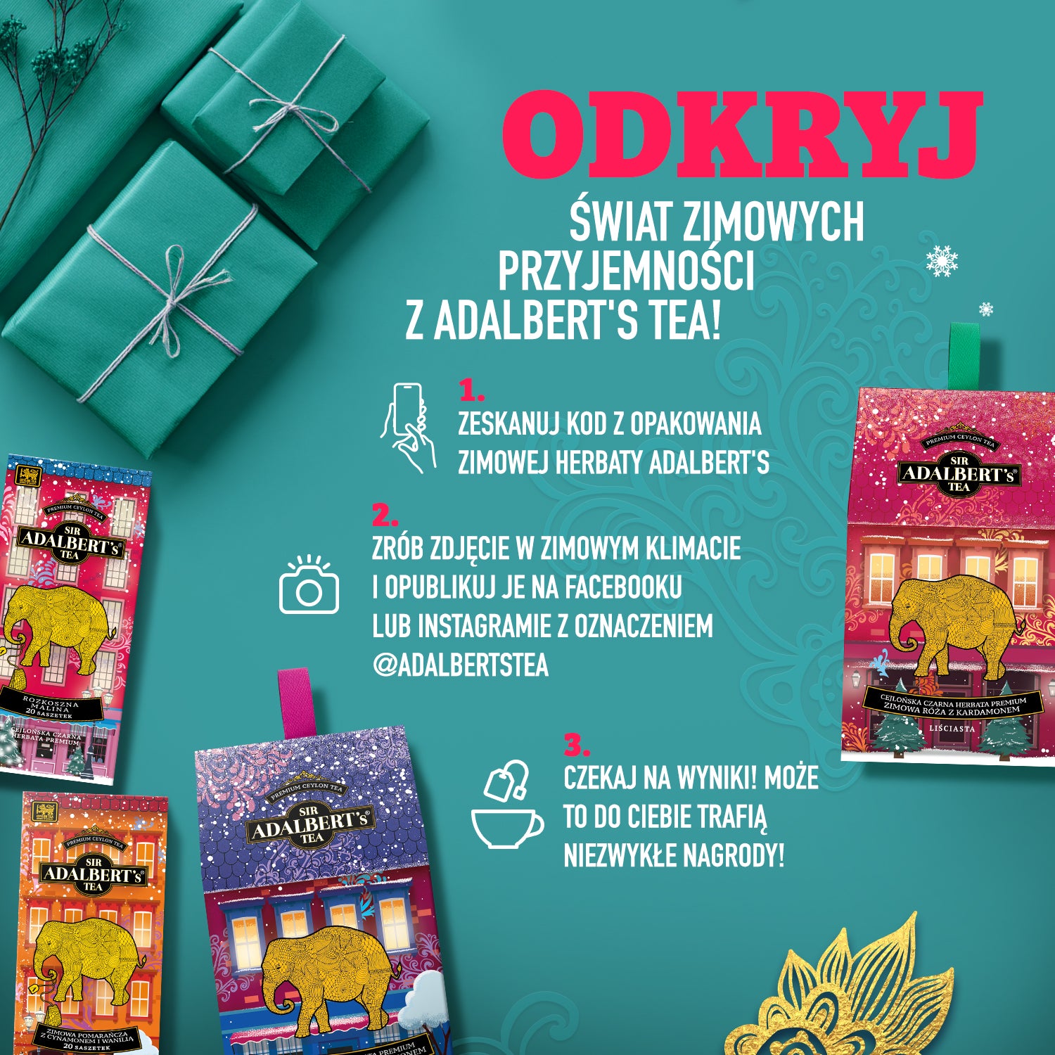 Zimowe opakowania herbat Adalbert's Tea, instrukcje konkursu i zielone prezenty na turkusowym tle