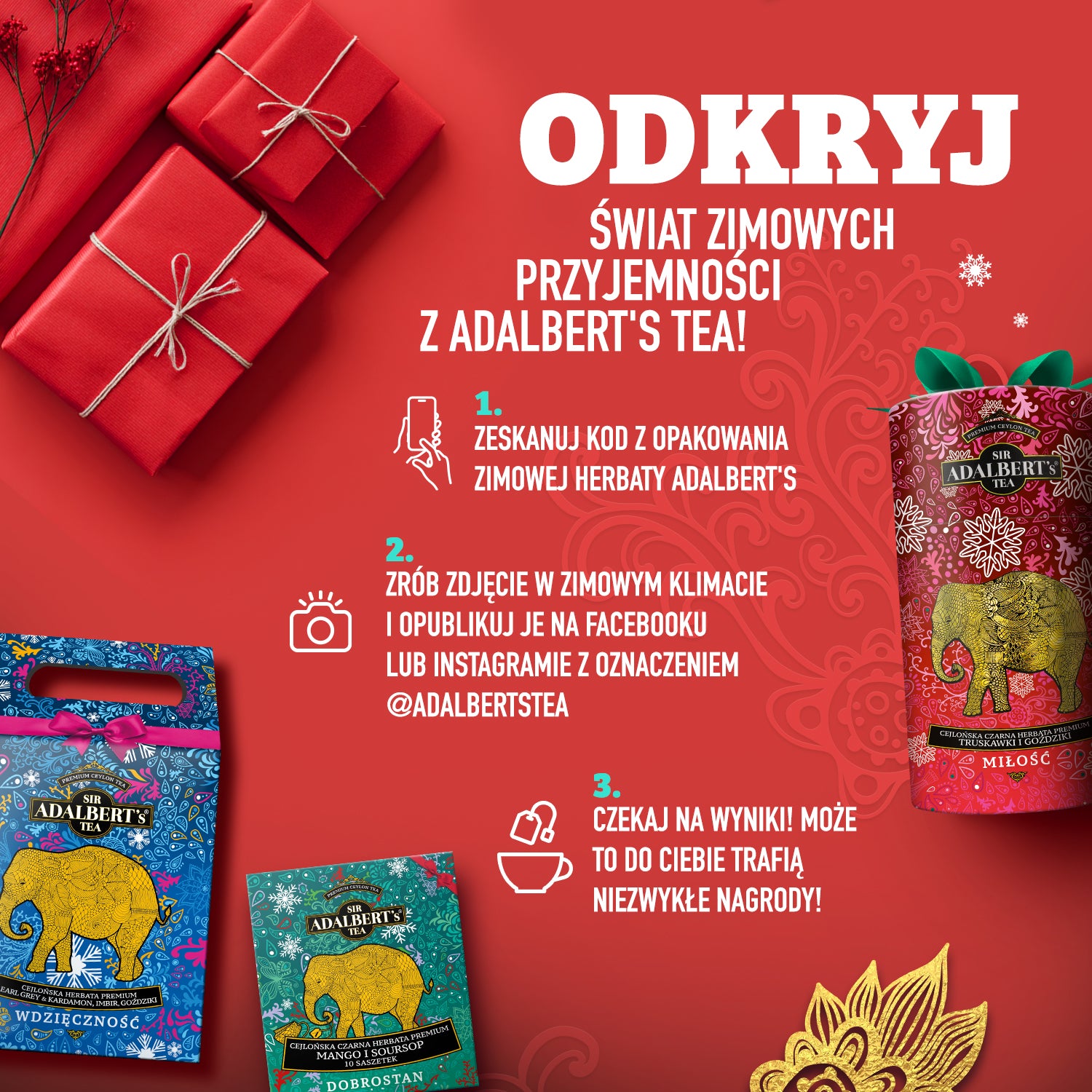 Pakiety herbat Adalbert's Tea z zimowymi smakami na czerwonym tle z czerwonymi prezentami