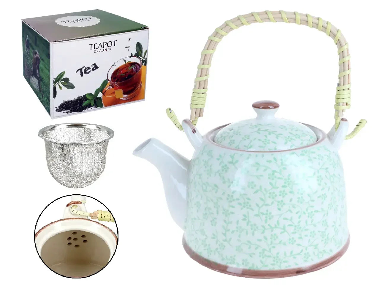 Biały ceramiczny czajnik z zielonym wzorem, bambusowa rączka, metalowe sitko do herbaty