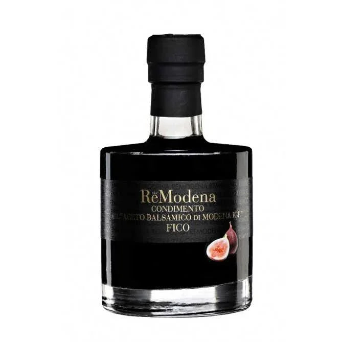 Butelka czarnego balsamicznego octu figowego ReModena Condimento z ikonką figi