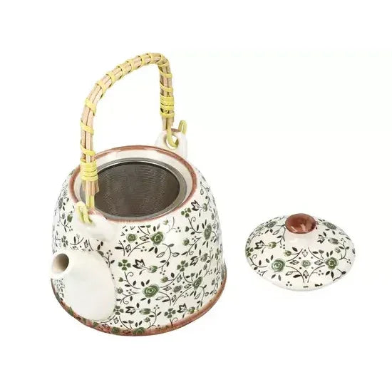 Ceramiczny czajnik z zaparzaczem i zdejmowaną pokrywką, wzór kwiatowy, uchwyt z rattanu