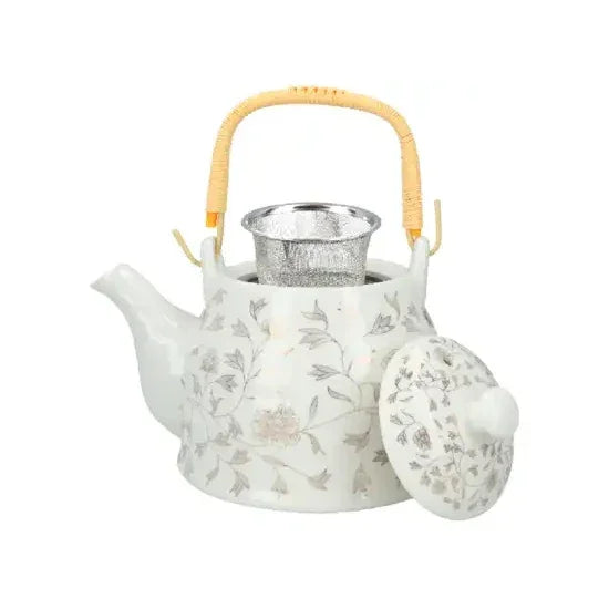 Ceramiczny czajnik z zaparzaczem i pokrywką w delikatne kwiatowe wzory z bambusowym uchwytem