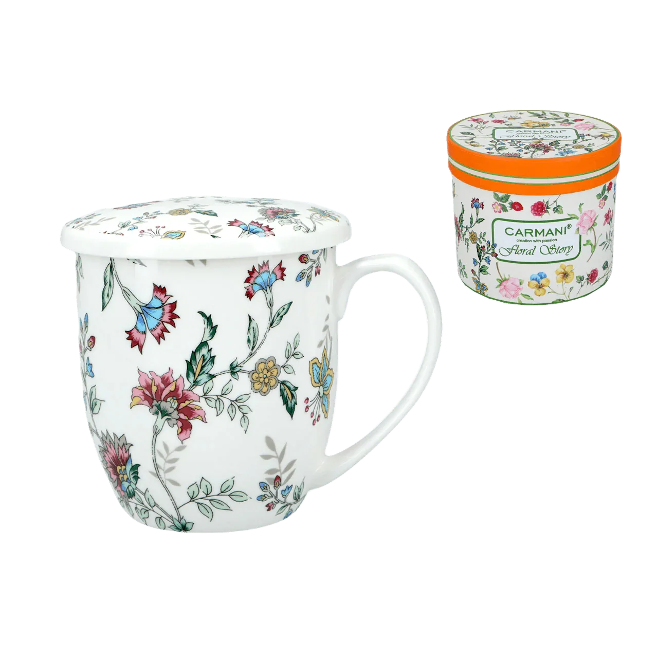 Biały kubek ceramiczny z pokrywką i sitkiem, ozdobiony kolorowymi kwiatami, obok pudełko Carmani Floral Story