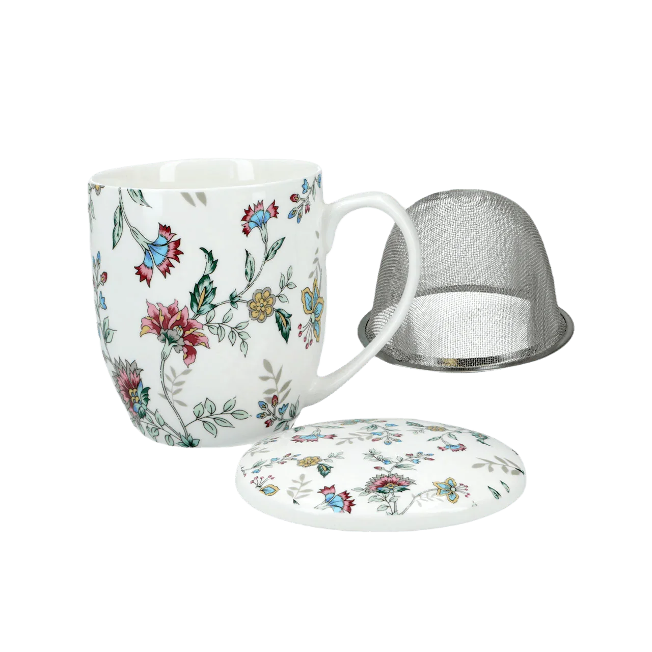 Kubek ceramiczny z pokrywką i sitkiem do herbaty w kwiatowy wzór Carmani