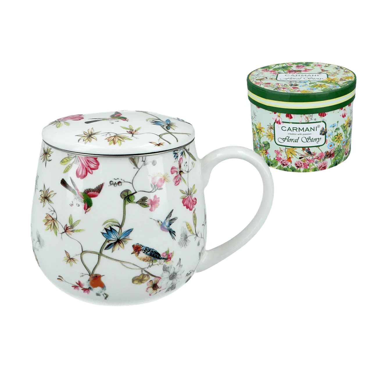 Kubek z sitkiem i przykrywką Carmani Floral Story z kolorowym wzorem ptaków i kwiatów