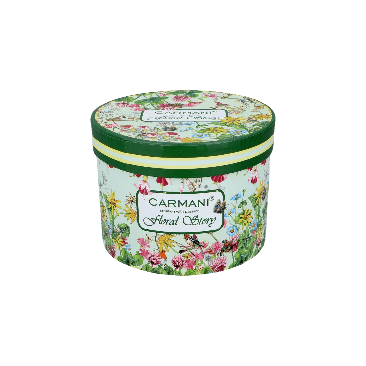 Ozdobne okrągłe pudełko Carmani Floral Story z kwiatowym wzorem i zieloną pokrywką