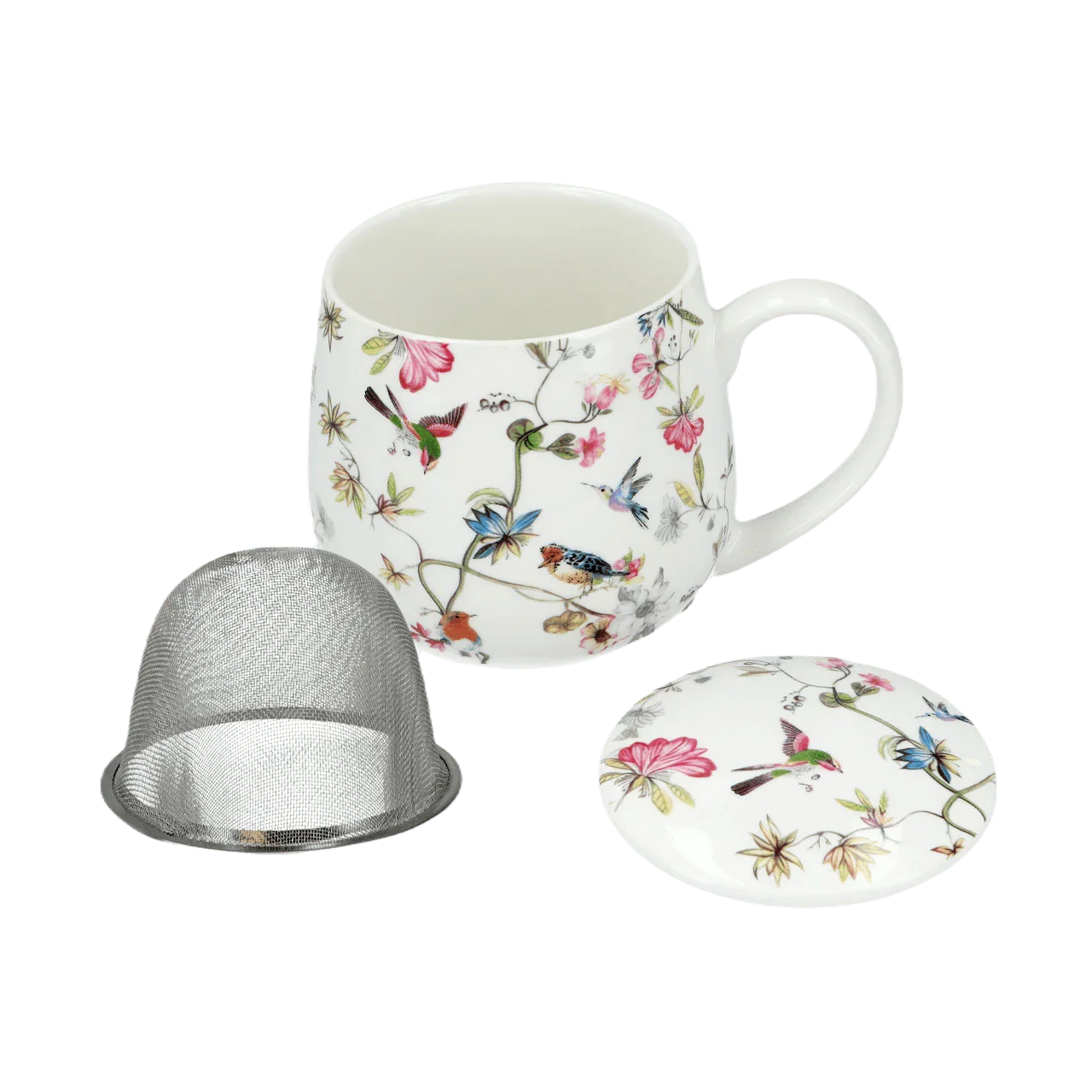 Kubek ceramiczny z pokrywką i metalowym sitkiem, wzór kwiatowy z ptakami