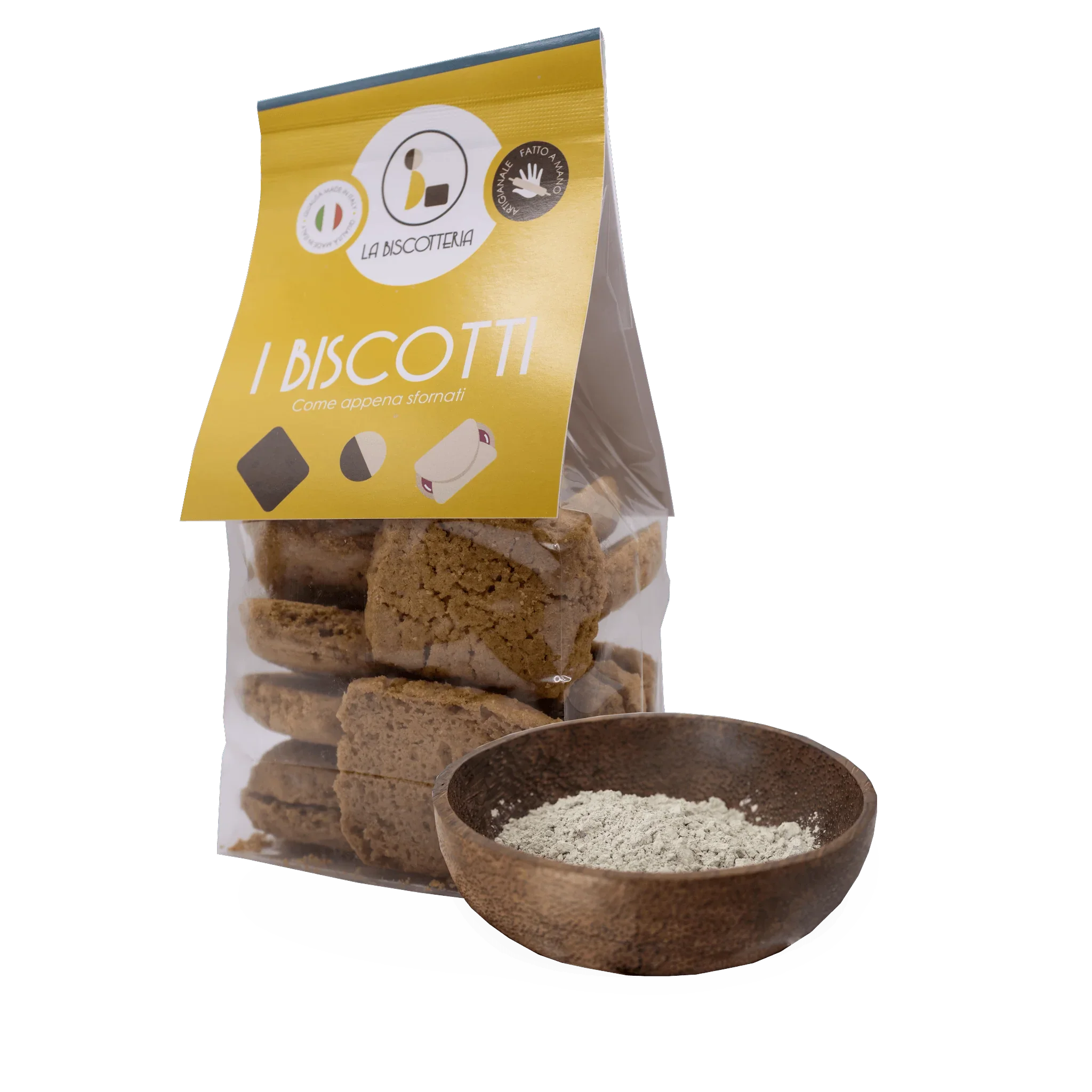 Opakowanie La Biscotteria z toskańskimi ciasteczkami biscott i miska z mąką zbożową