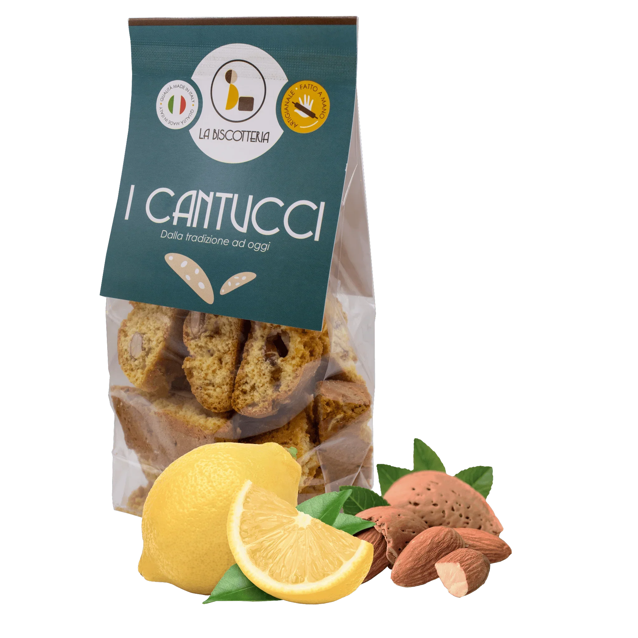 La Biscotteria toskańskie ciasteczka I Cantucci cytrynowo-migdałowe w opakowaniu, cytryna i migdały