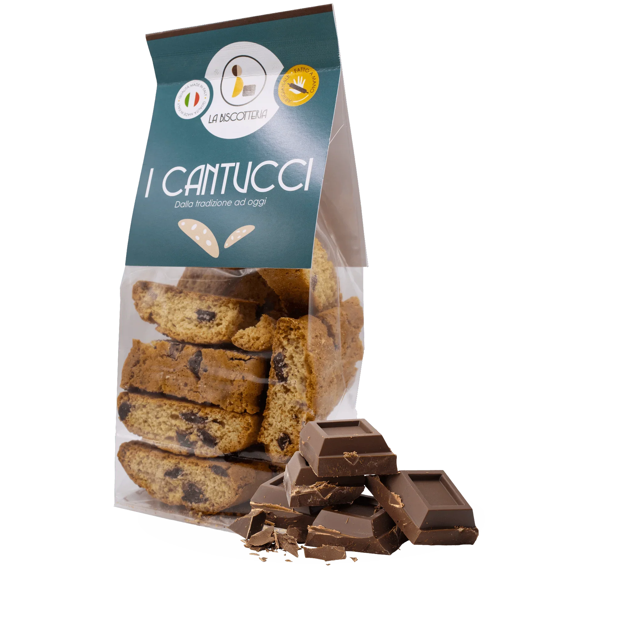 Opakowanie toskańskich ciasteczek cantucci z kawałkami czekolady i tabliczki mlecznej czekolady