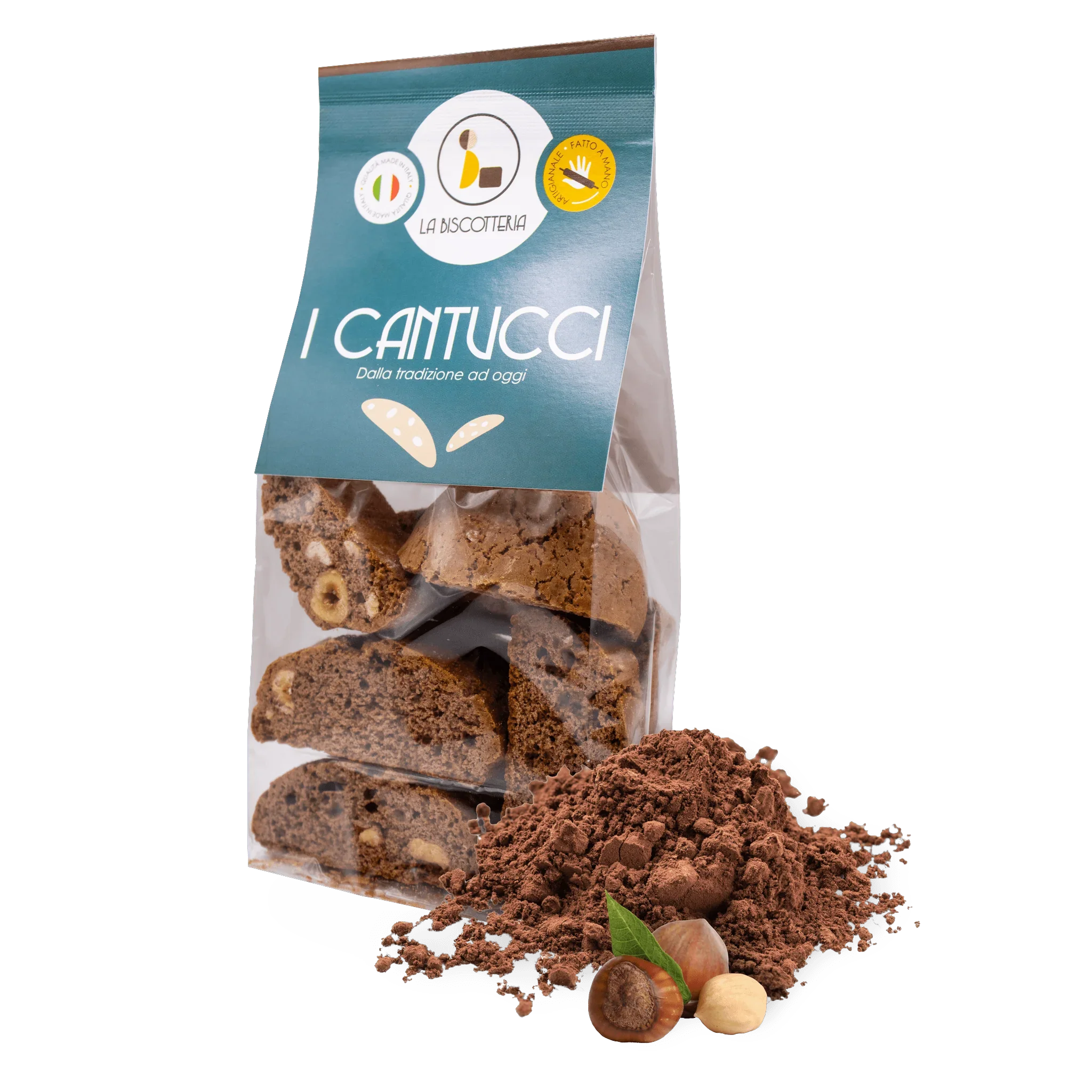 Cantucci kakaowo-orzechowe La Biscotteria, włoskie ciasteczka z orzechami i kakao w przezroczystym opakowaniu