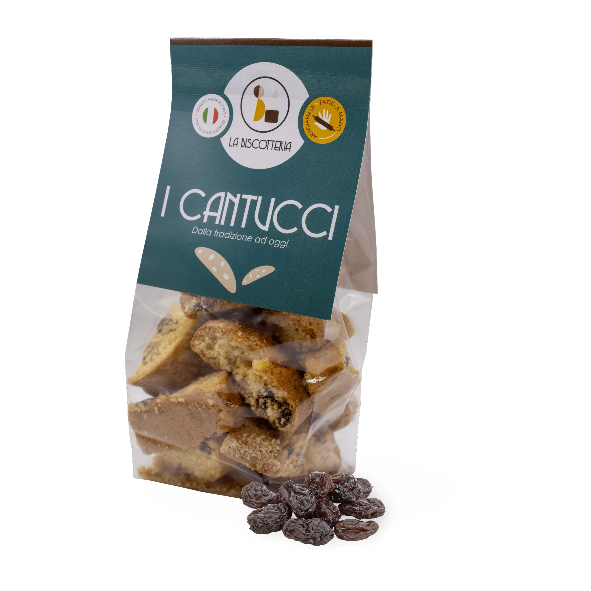 Opakowanie toskańskich ciastek cantucci z rodzynkami La Biscotteria z logo i kawałkami ciastek oraz rodzynkami na białym tle