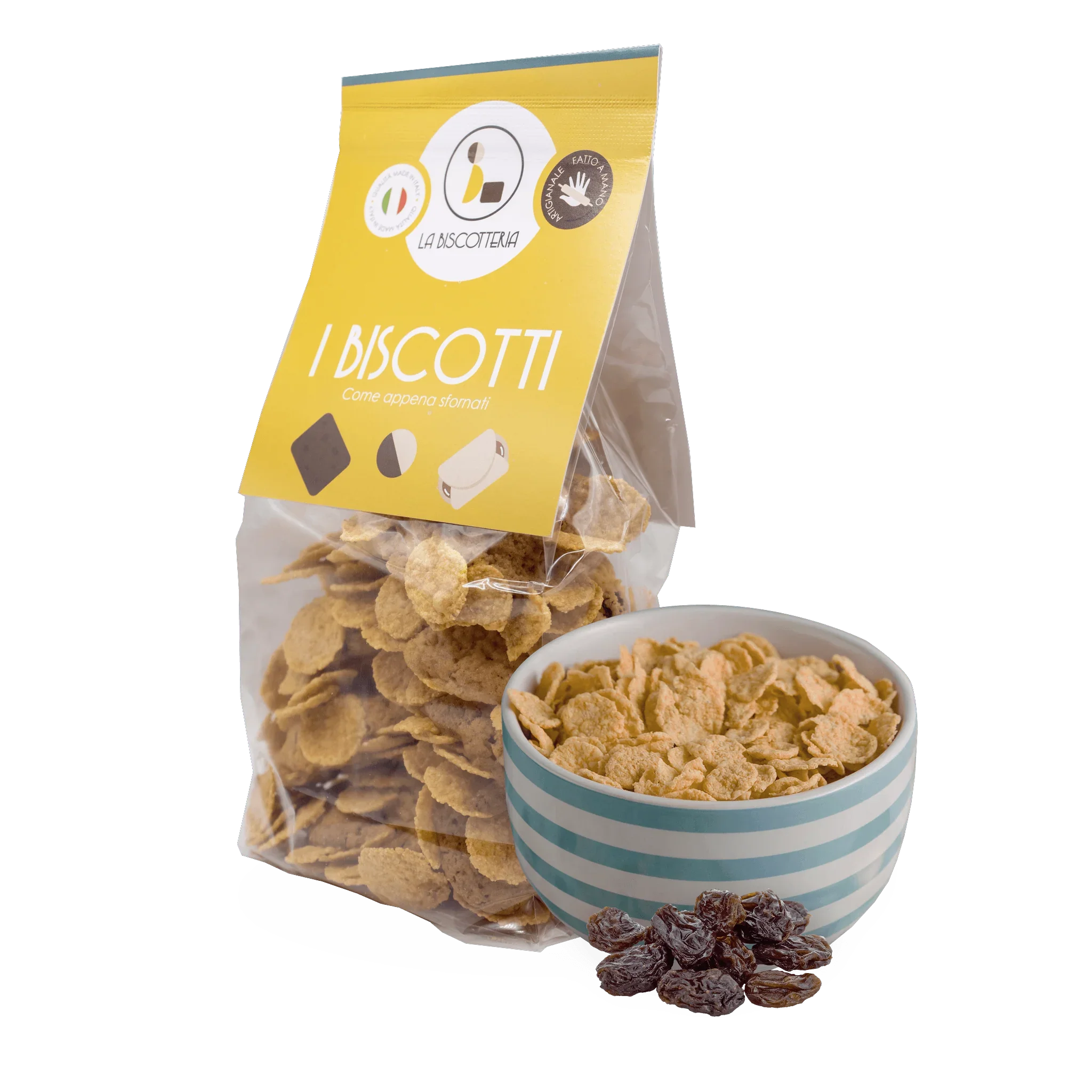 Opakowanie płatków zbożowych La Biscotteria I Biscotti z miseczką płatków i rodzynkami