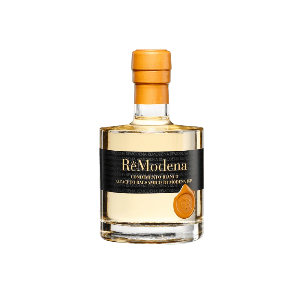 Biała przyprawa balsamiczna ReModena w szklanej butelce 250 ml z czarną etykietą i pomarańczową nakrętką
