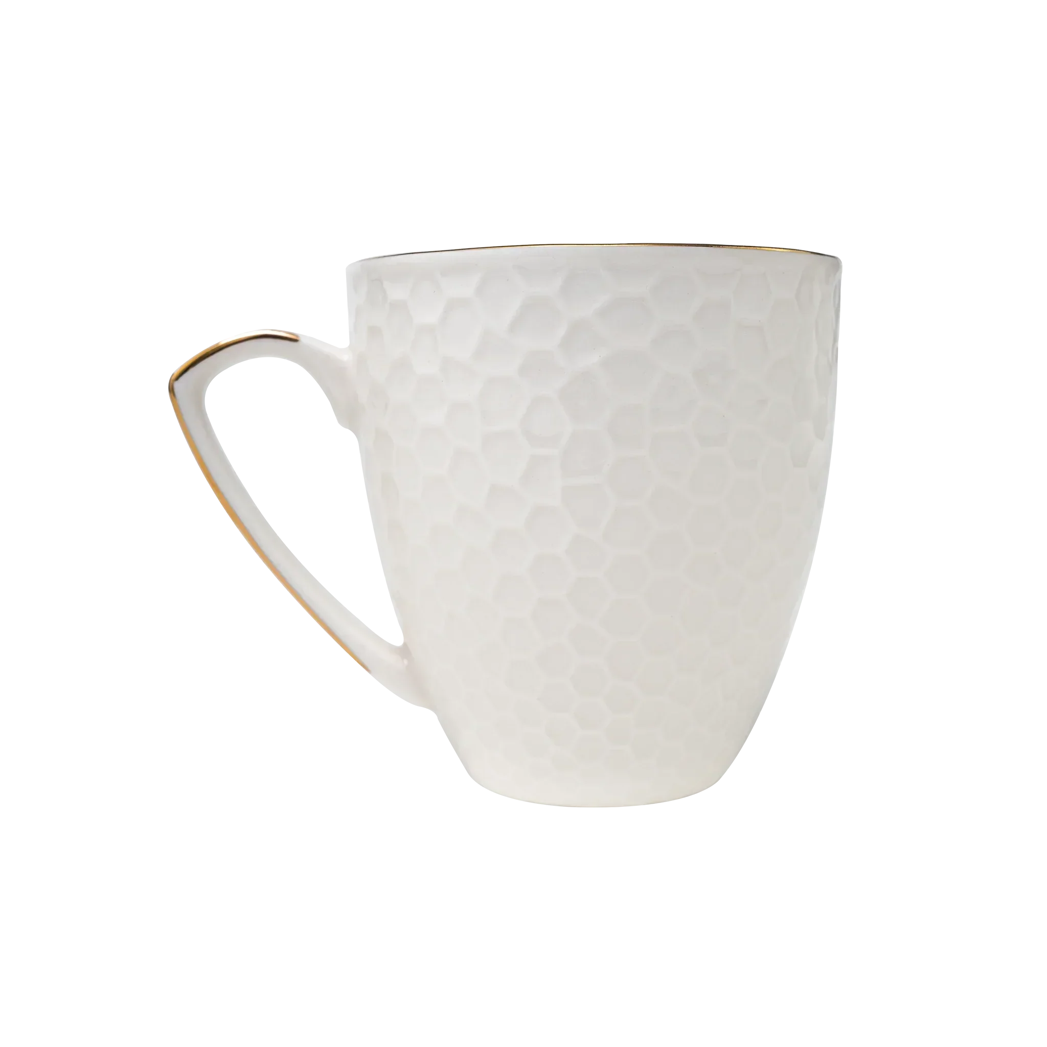 Biały kubek ceramiczny z teksturą plastra miodu i złotym wykończeniem na uchwycie i krawędzi