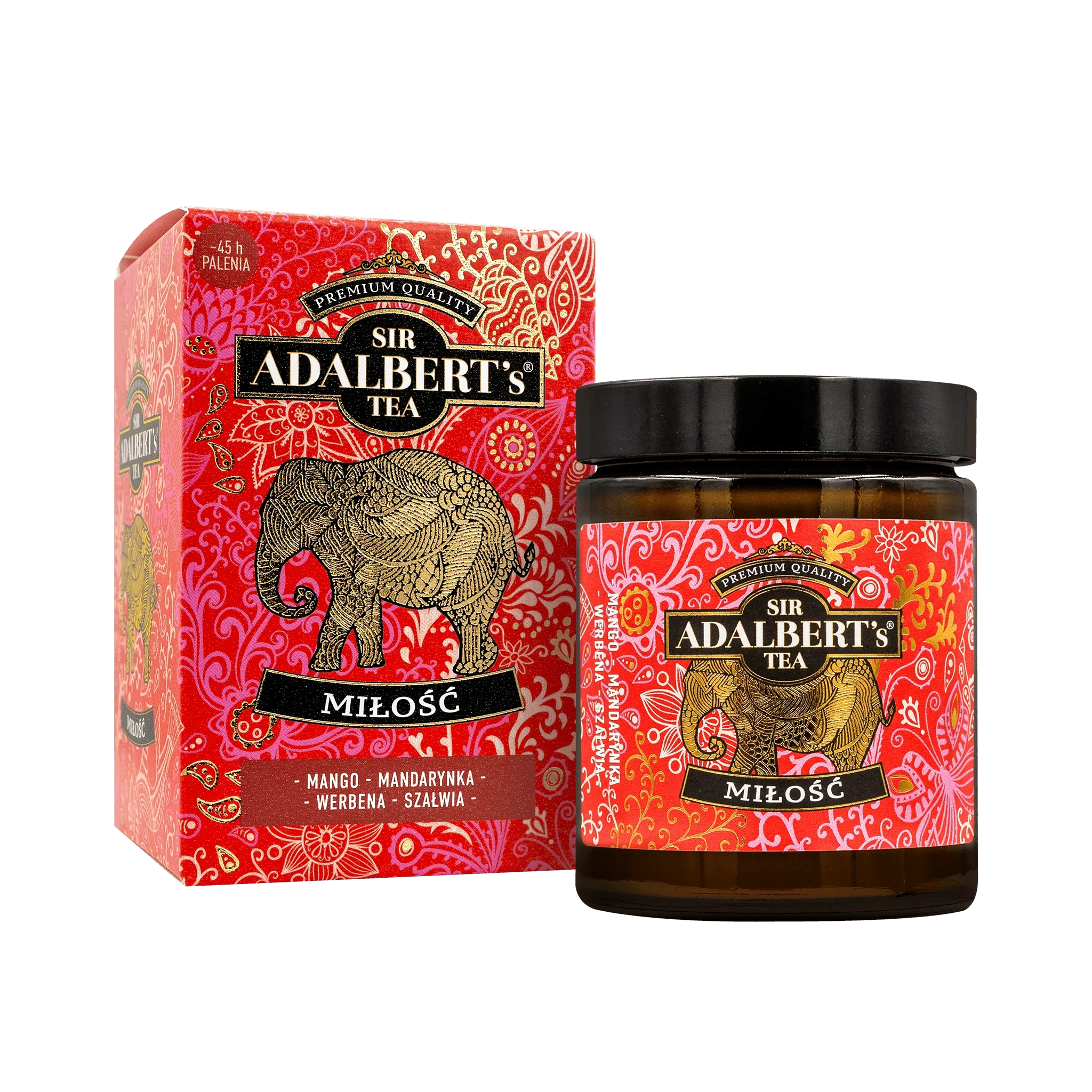 Herbata Sir Adalbert's Miłość z mango, mandarynką, werbeną i szałwią w ozdobnym czerwonym opakowaniu