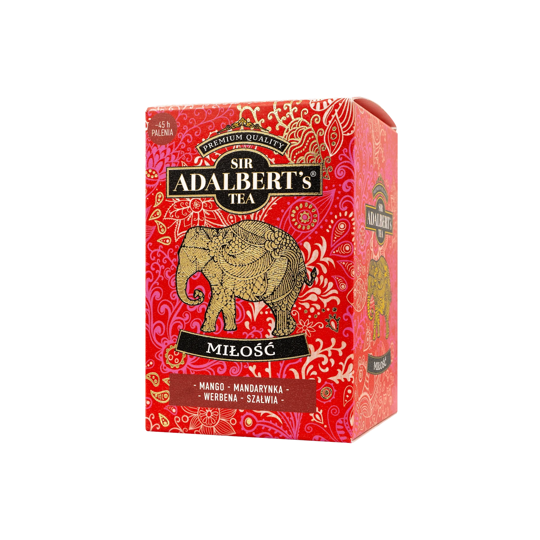 Pudełko herbaty Sir Adalbert's Tea Miłość z mango, mandarynką, werbeną i szałwią, czerwone opakowanie