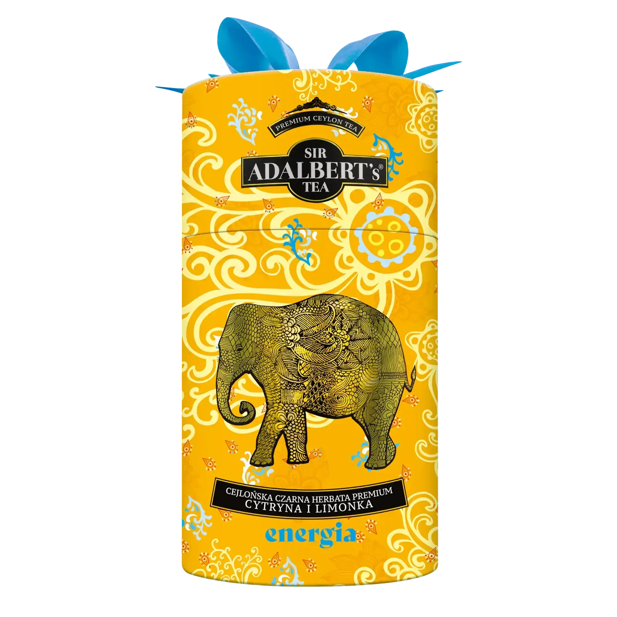 Opakowanie herbaty Sir Adalbert's Tea cytryna i limonka, żółte z ornamentem i złotym słoniem