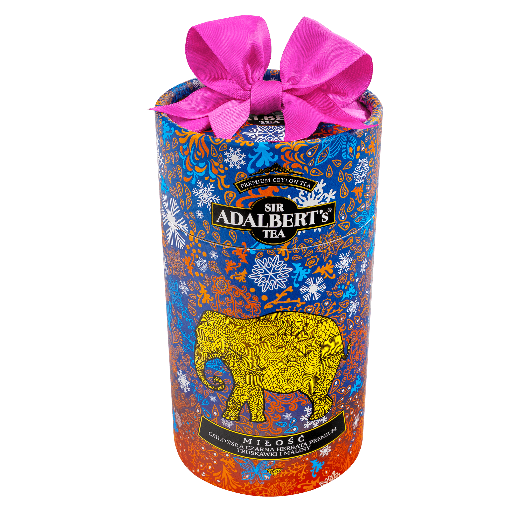Ozdobne opakowanie herbaty Sir Adalbert's Tea Miłość z żółtym słoniem i różową kokardą