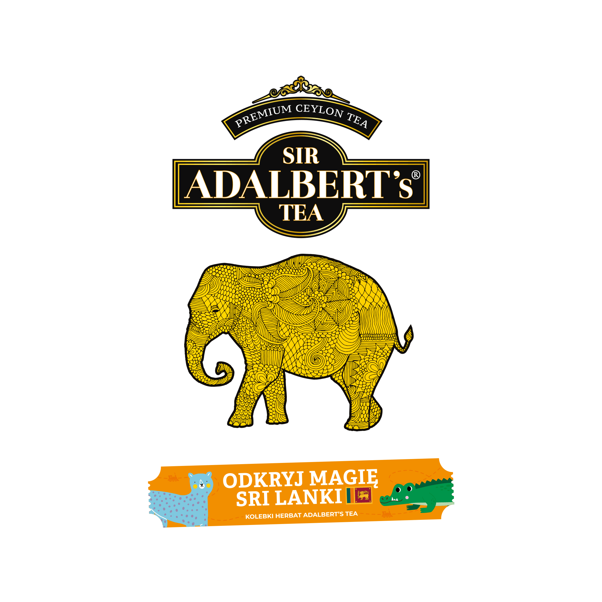 Logo Sir Adalbert's Tea z ornamentowym słoniem i hasłem Odkryj magię Sri Lanki