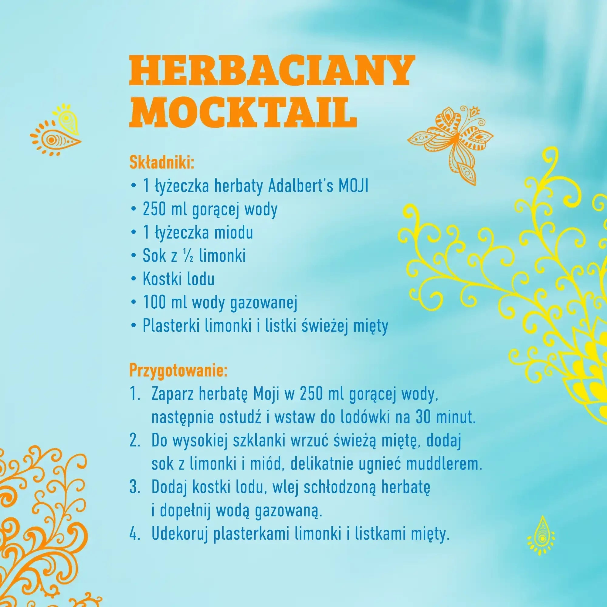 Przepis na herbaciany mocktail z herbatą Adalbert's MOJI, miodem, limonką, miętą i wodą gazowaną
