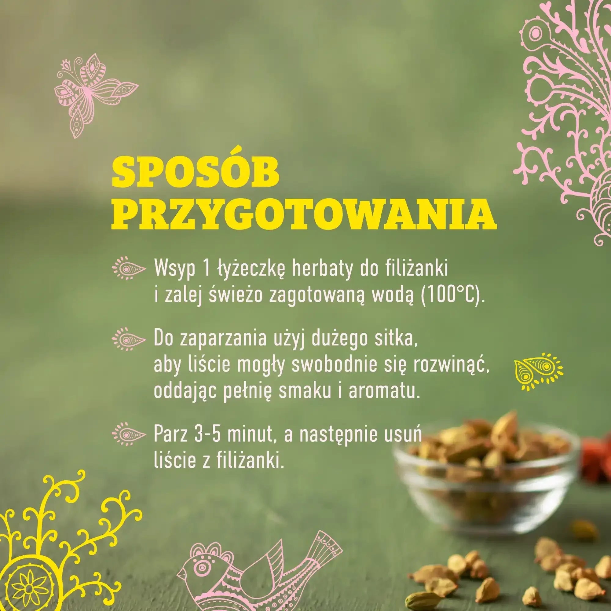 Instrukcja przygotowania herbaty z liśćmi i przyprawami na zielonym tle z ozdobami