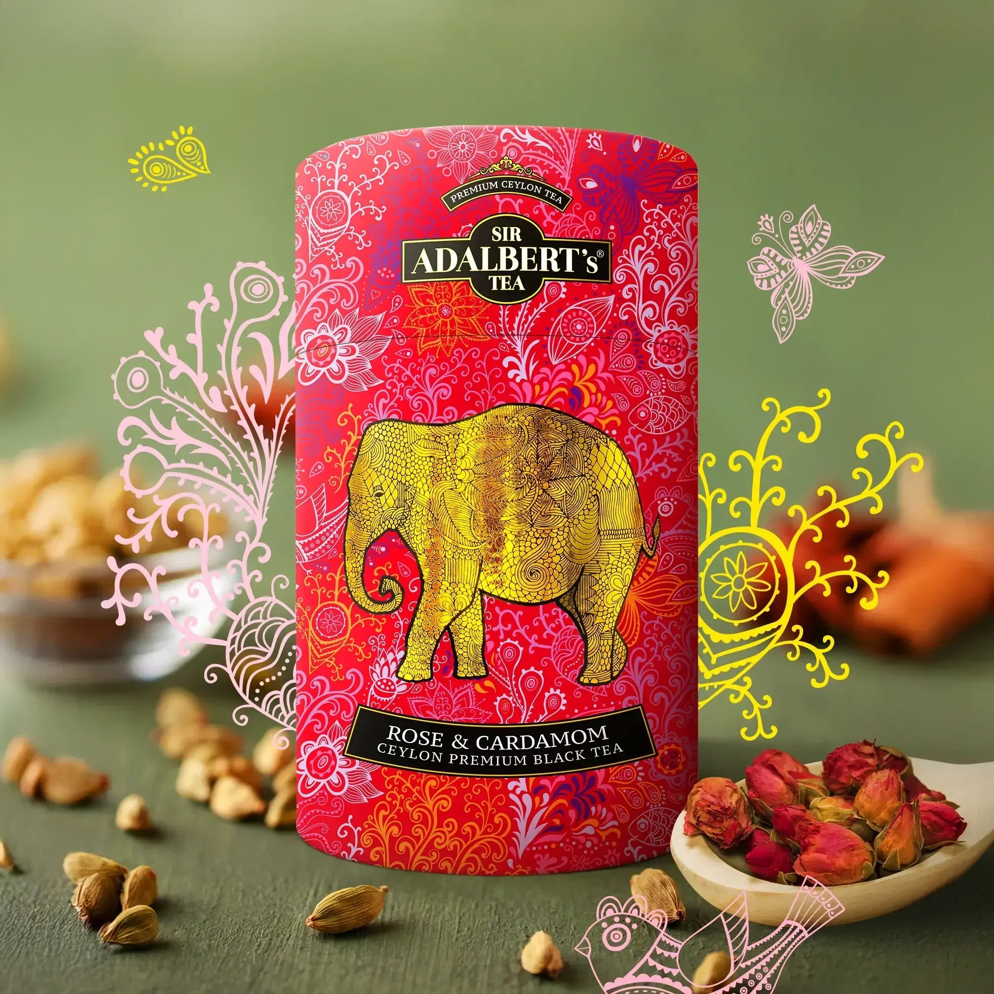 Puszka czerwonej herbaty Sir Adalbert's Tea Rose & Cardamom z ozdobnym złotym słoniem i przyprawami