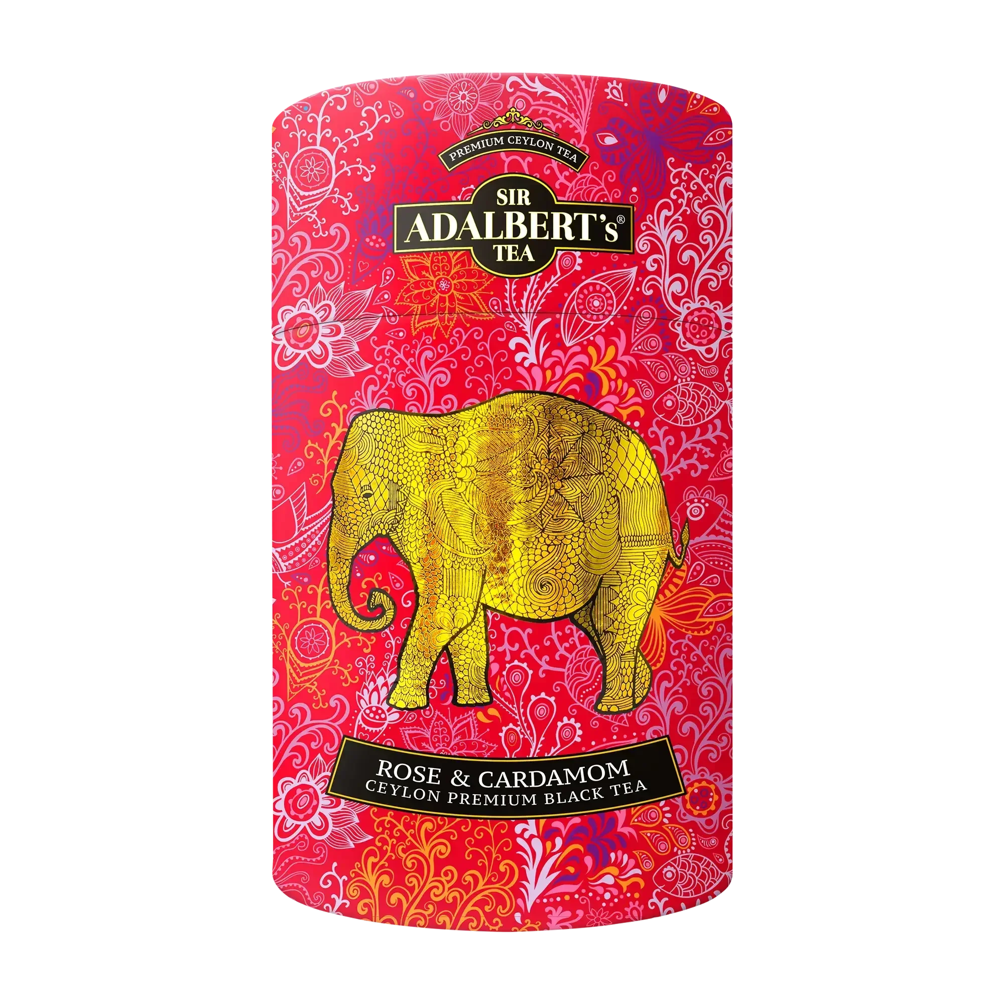 Puszka czerwonej herbaty Sir Adalbert's Tea Rose & Cardamom z złotym słoniem i indyjskim wzorem