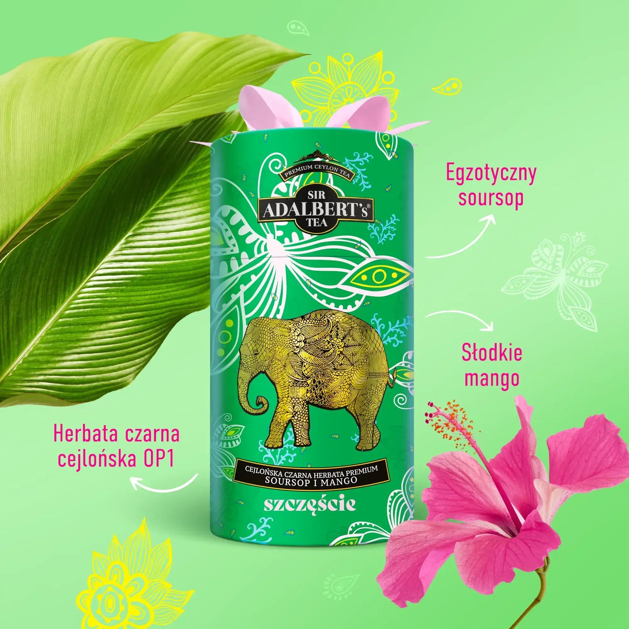 Zielone opakowanie herbaty Sir Adalbert's Tea z motywem słonia, liść bananowca i różowy kwiat hibiskusa na zielonym tle