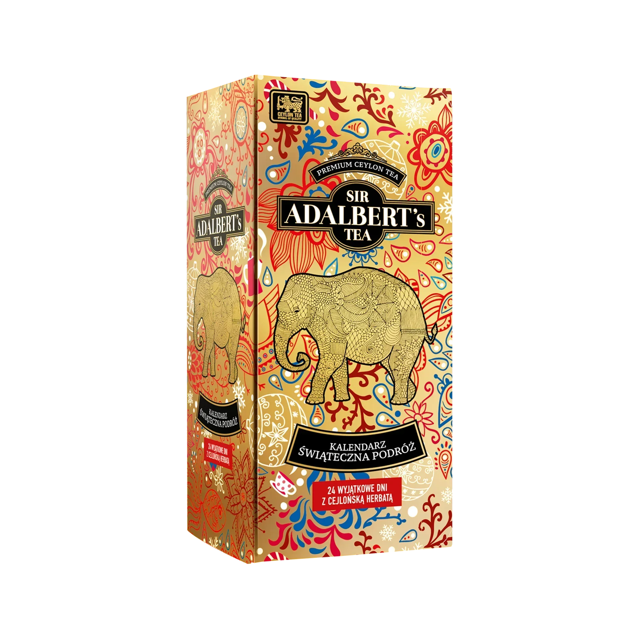 Kalendarz adwentowy Sir Adalbert's Tea złoty z ozdobnym słoniem i 24 dniami herbaty cejlońskiej
