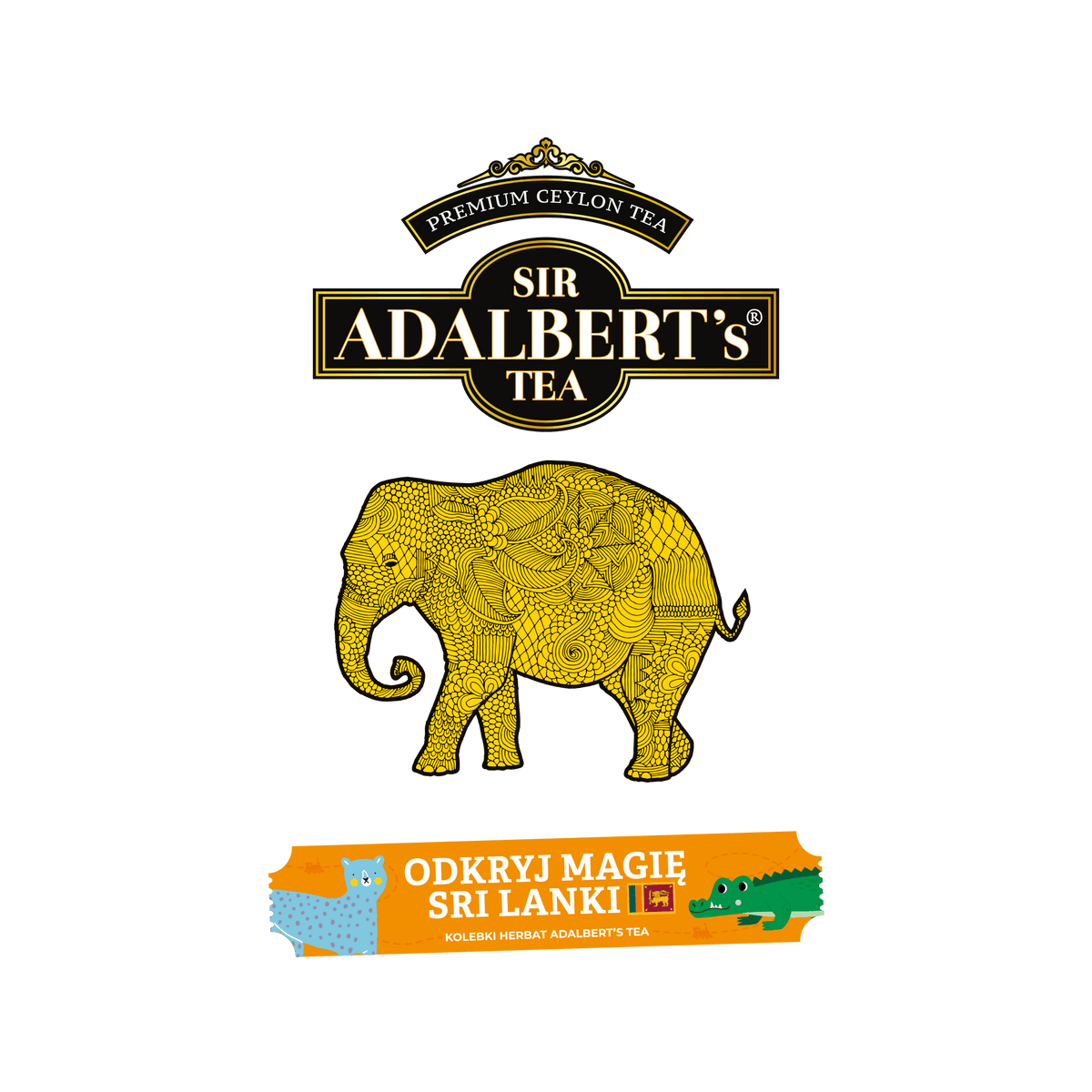 Logo Sir Adalbert's Tea z żółtym ornamentowanym słoniem i napisem Odkryj magię Sri Lanki