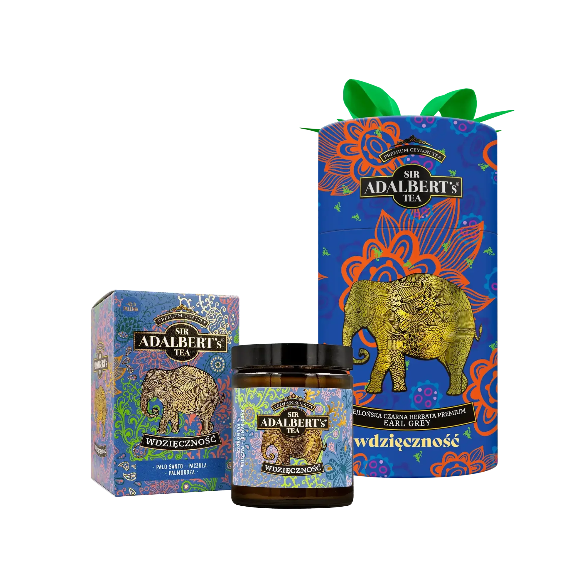 Zestaw Sir Adalbert's Tea WDZIĘCZNOŚĆ: herbata Earl Grey, świeca i kadzidełka w niebieskich opakowaniach z motywem złotego słonia