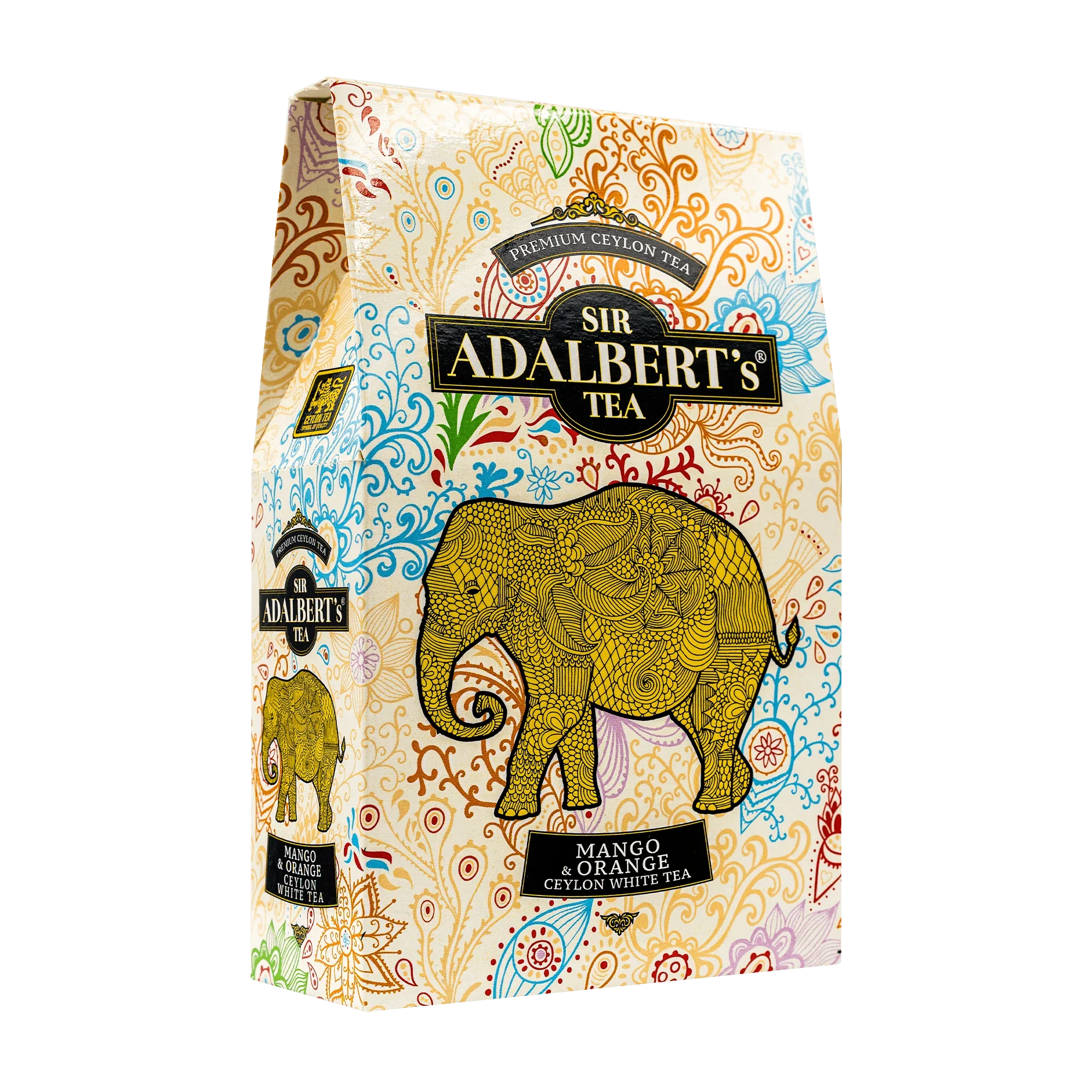 Opakowanie herbaty Sir Adalbert's Mango & Orange Ceylon White Tea z żółtym, zdobionym słoniem na kolorowym tle
