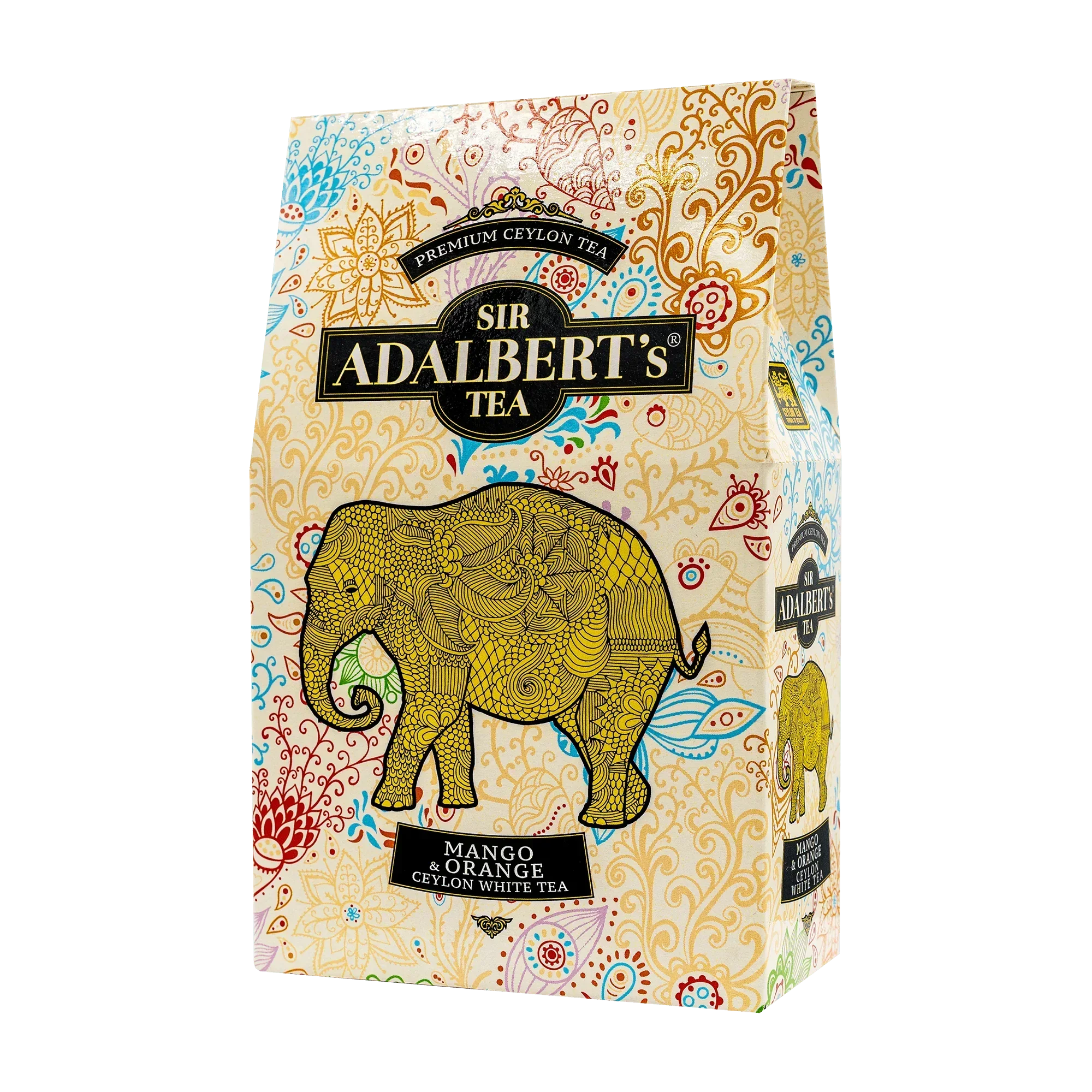Opakowanie herbaty Sir Adalbert's Mango & Orange Ceylon White Tea z kolorowym wzorem i żółtym słoniem