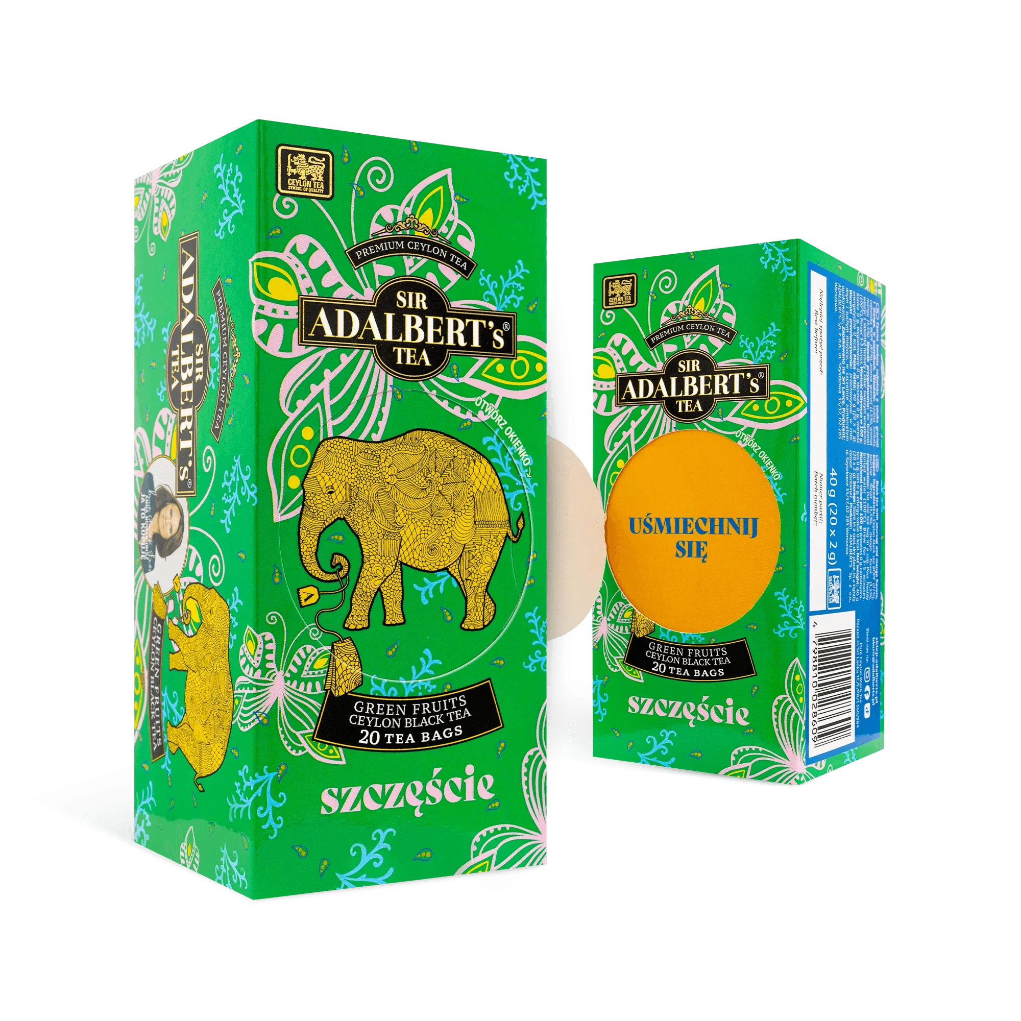 Opakowanie herbaty Sir Adalbert's Tea Green Fruits Ceylon Black Tea z żółtym słoniem i 20 saszetkami