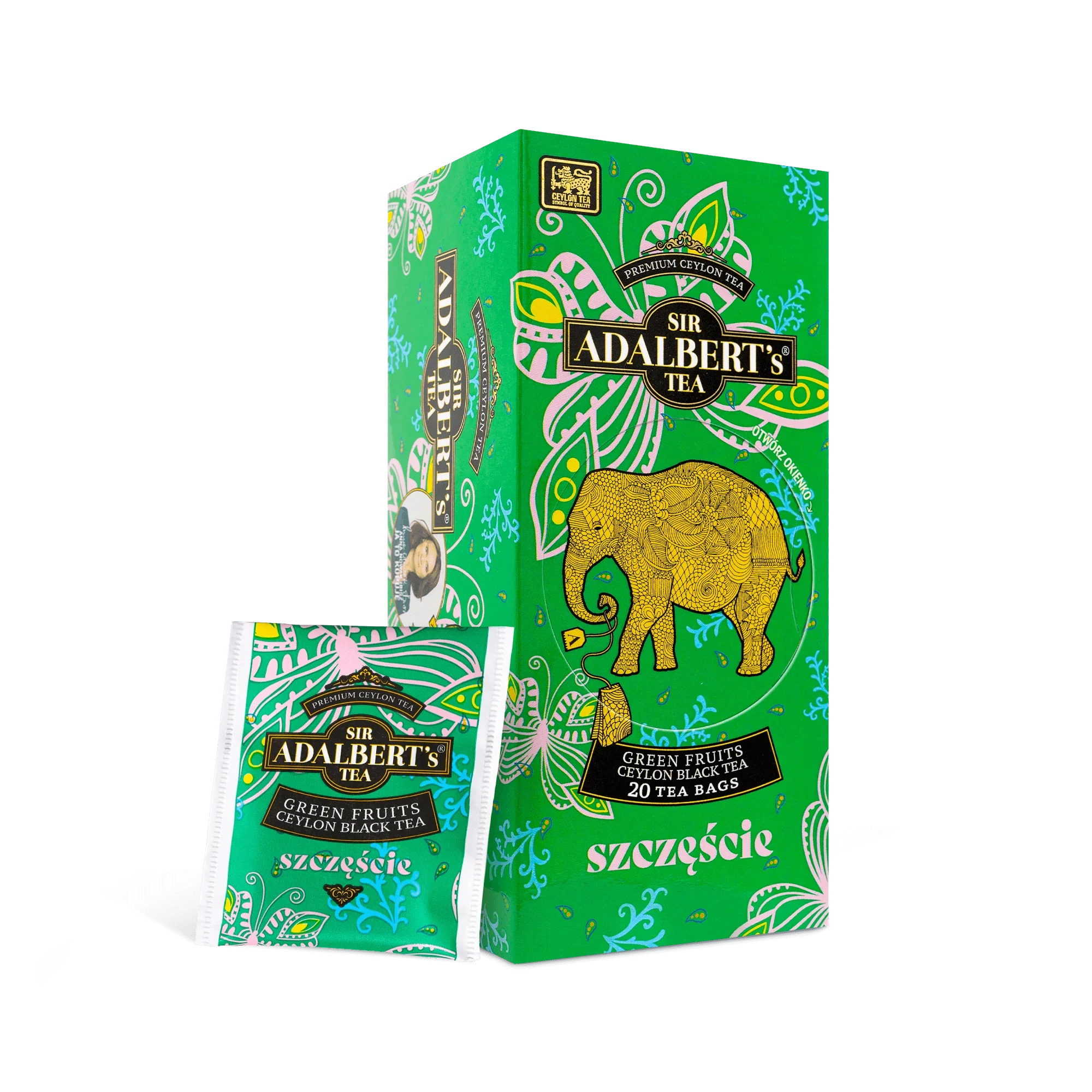 Zielone opakowanie herbaty Sir Adalbert's Tea Green Fruits z czarną herbatą Ceylon i złotym słoniem