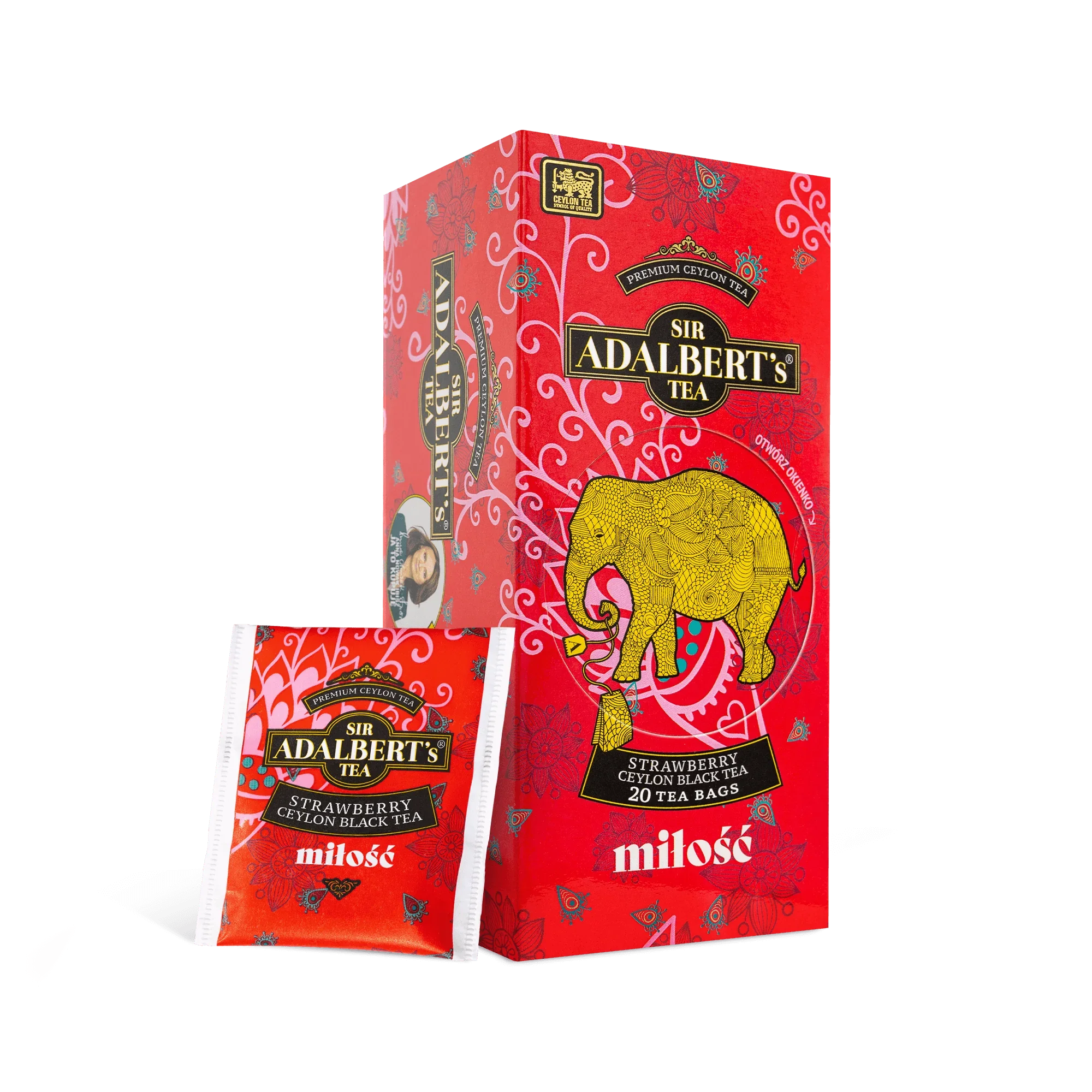 Opakowanie herbaty Sir Adalbert's Strawberry Ceylon Black Tea z żółtym słoniem i saszetką