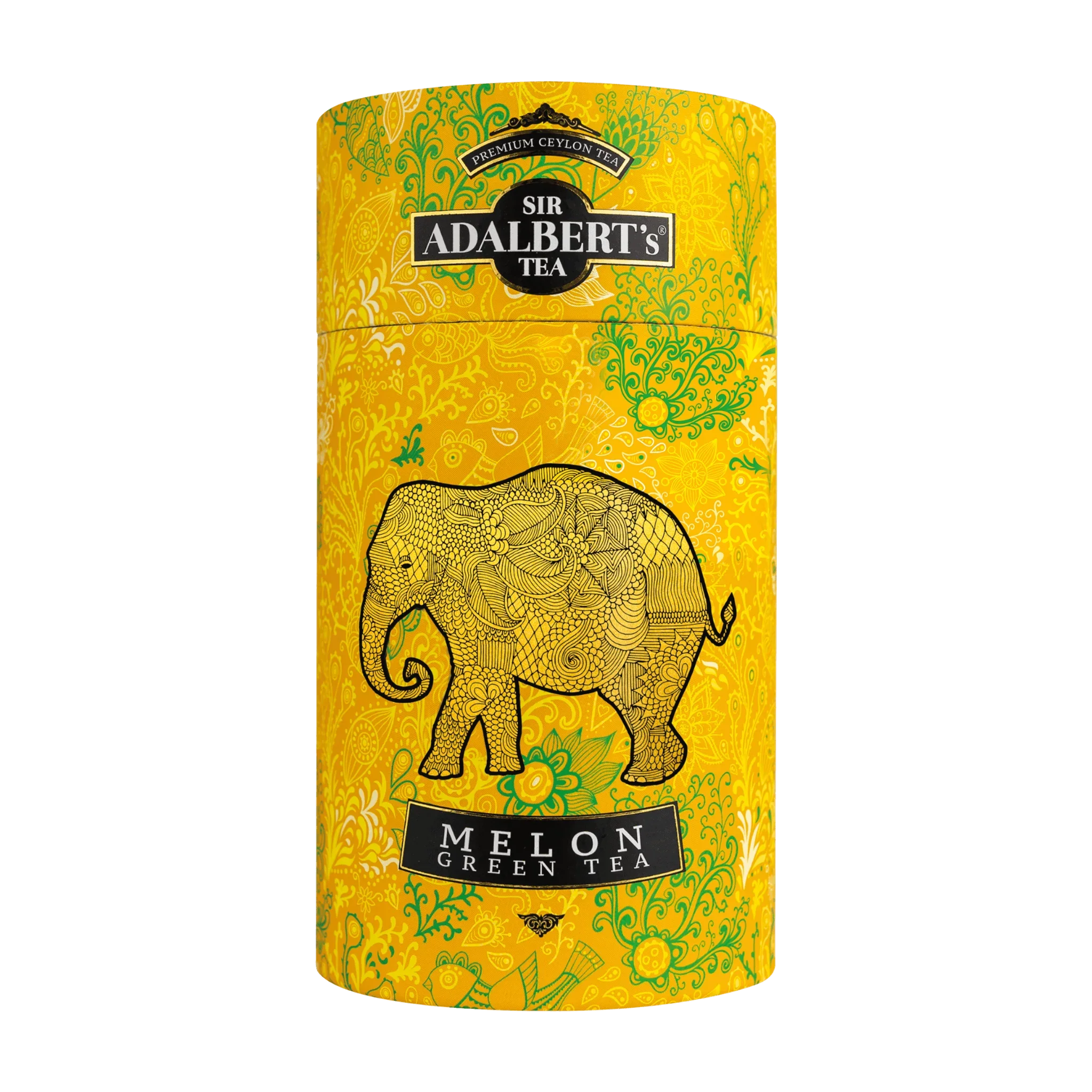 Opakowanie herbaty Sir Adalbert's Melon Green Tea w żółtej puszce z dekoracyjnym wzorem i słoniem