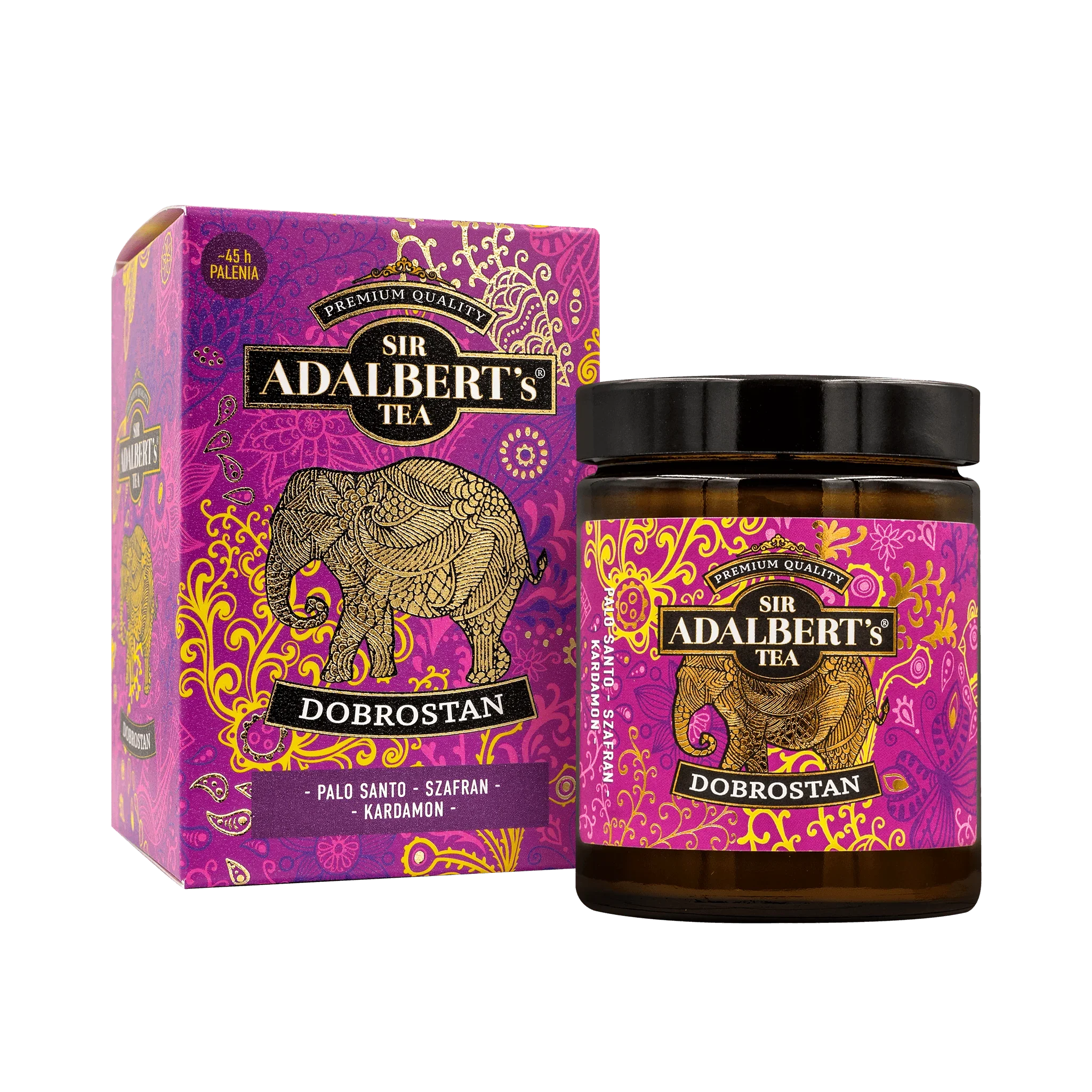 Sir Adalbert's Tea Dobrostan z nutami palo santo, szafranu i kardamonu, opakowanie fioletowe z złotym słoniem
