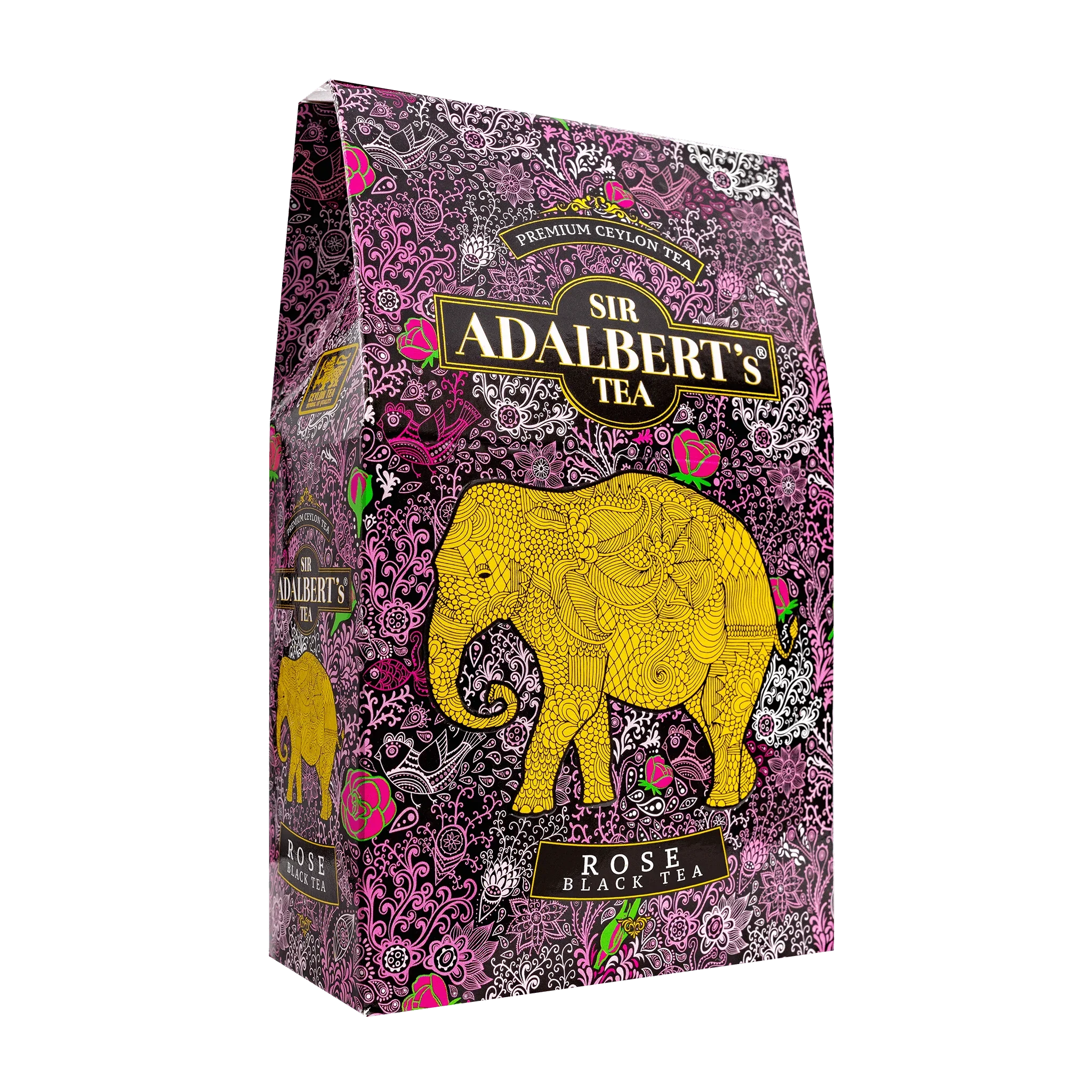 Opakowanie herbaty Sir Adalbert's Rose Black Tea z ozdobnym złotym słoniem na różowo-fioletowym tle