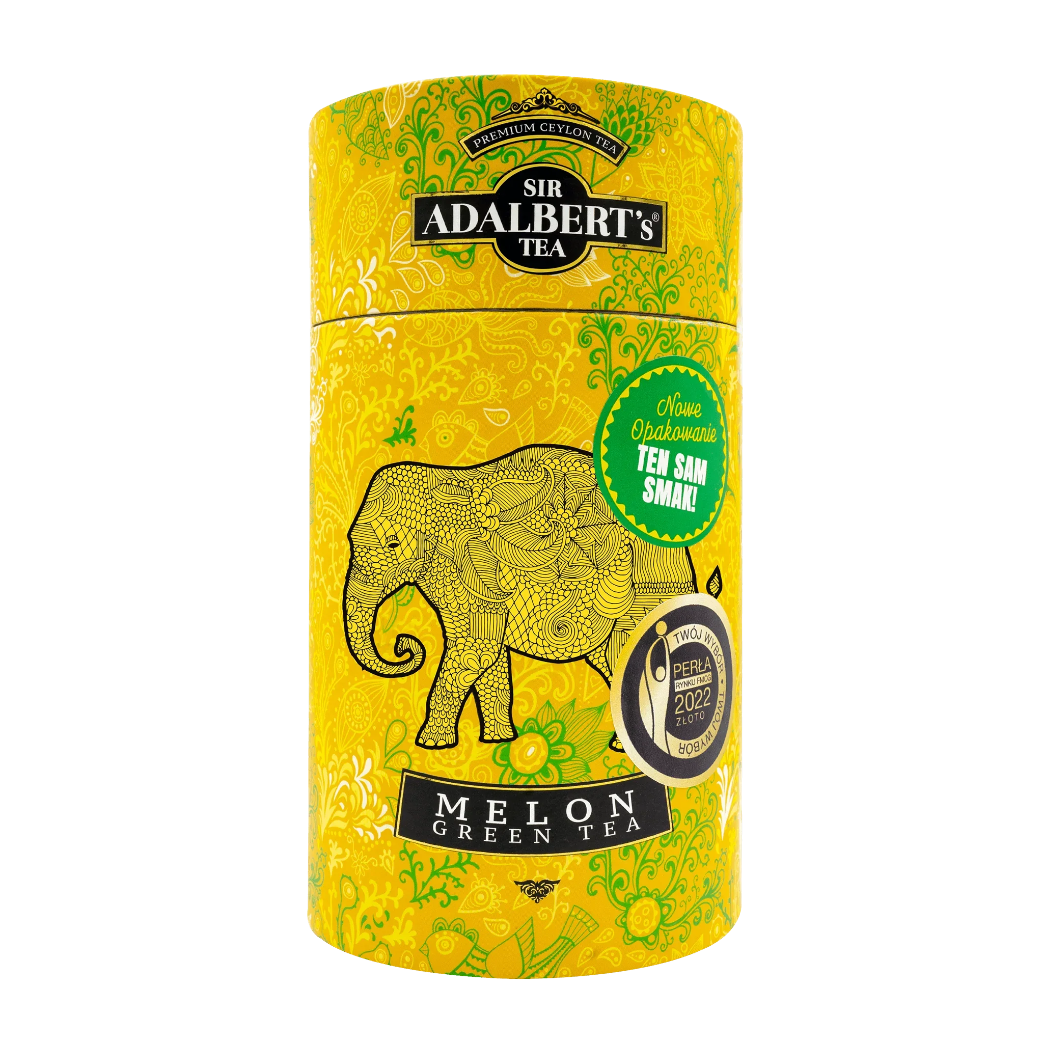 Żółte opakowanie herbaty Sir Adalbert's Melon Green Tea z wzorem słonia i zielonymi ornamentami