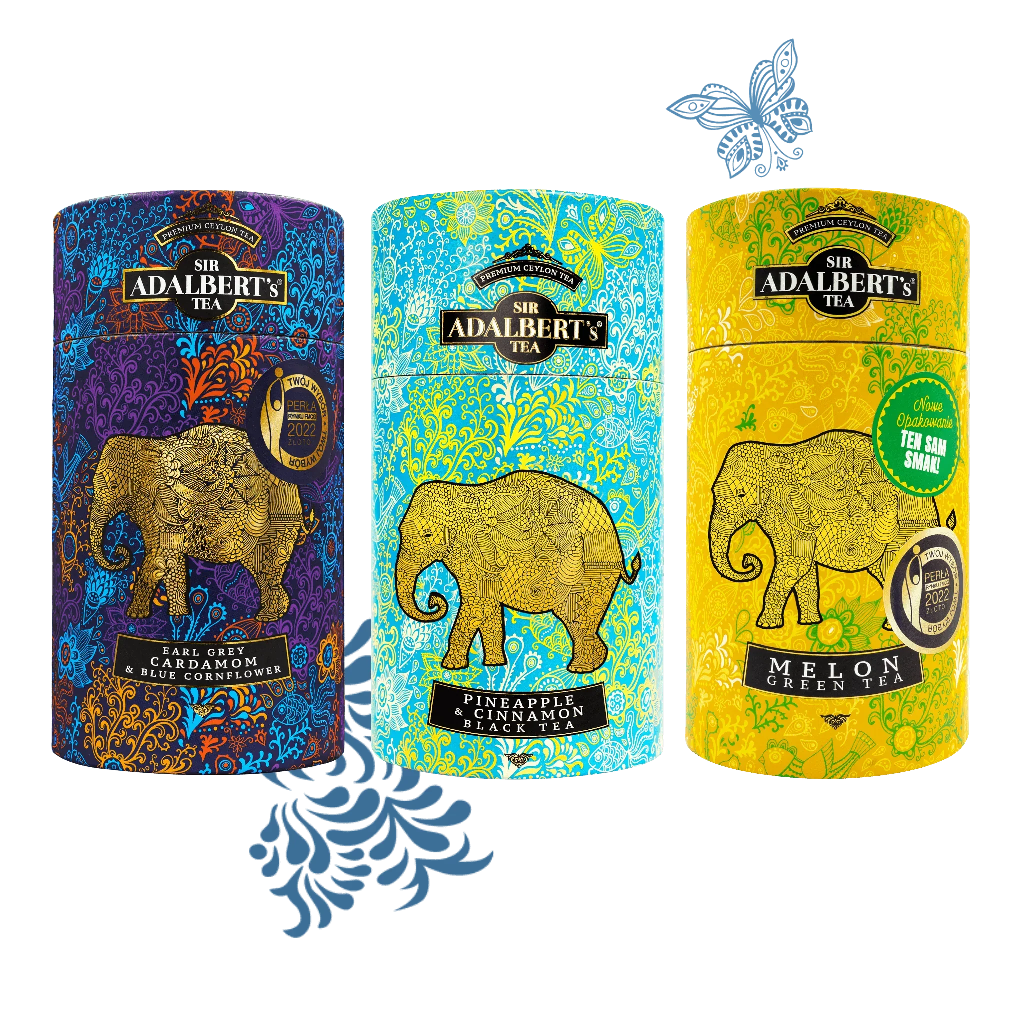 Trzy puszki herbaty Sir Adalbert's Tea z motywem słonia: Earl Grey Cardamom, Pineapple Cinnamon i Melon Green Tea