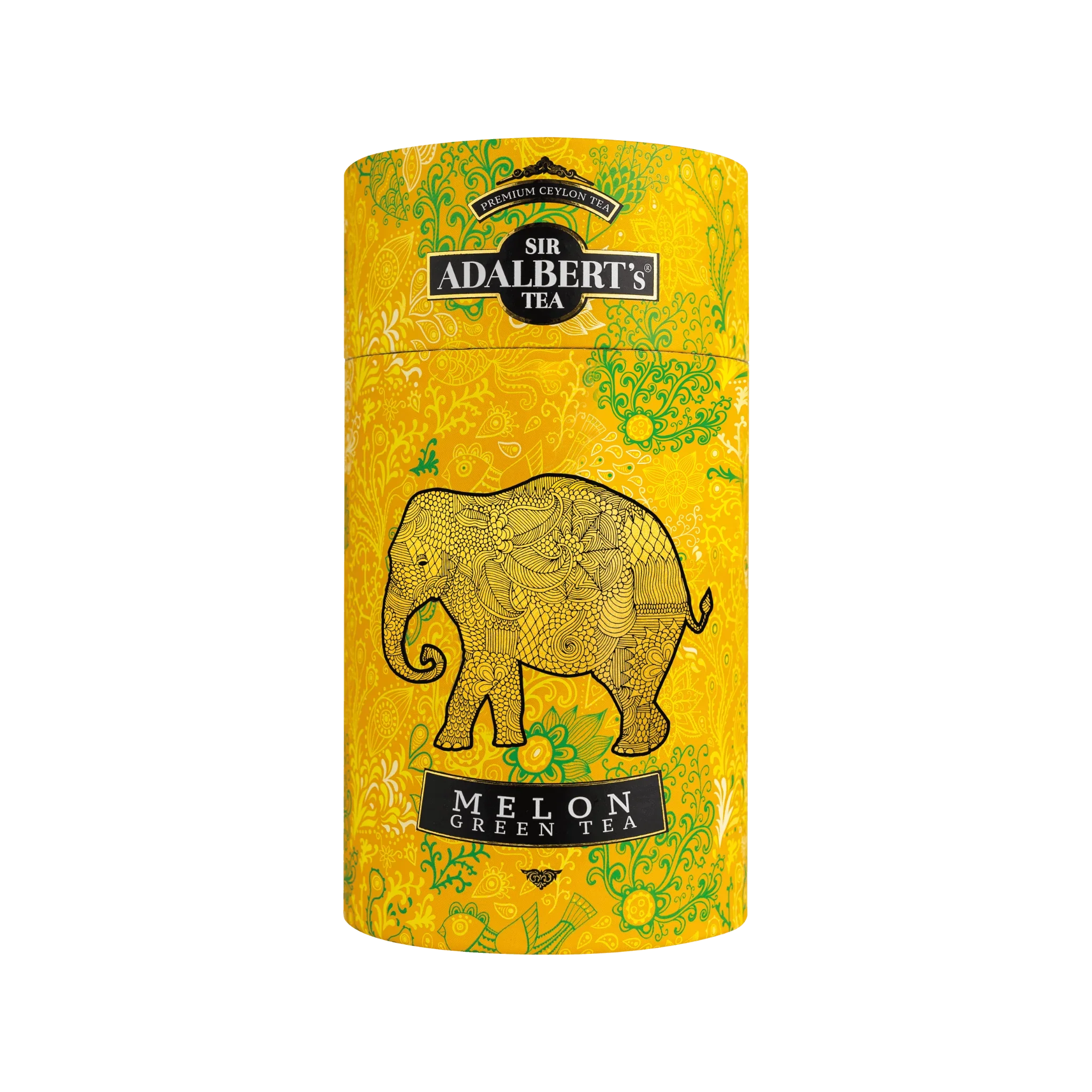 Opakowanie herbaty Sir Adalbert's Melon Green Tea z ozdobnym słoniem na żółtym tle