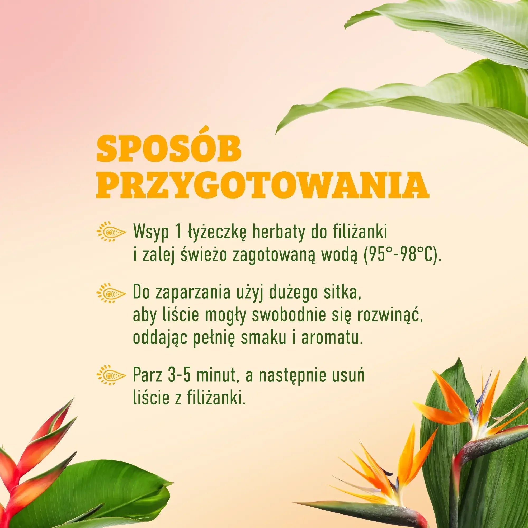 Instrukcja przygotowania herbaty w filiżance z tropikalnymi kwiatami i liśćmi na pastelowym tle
