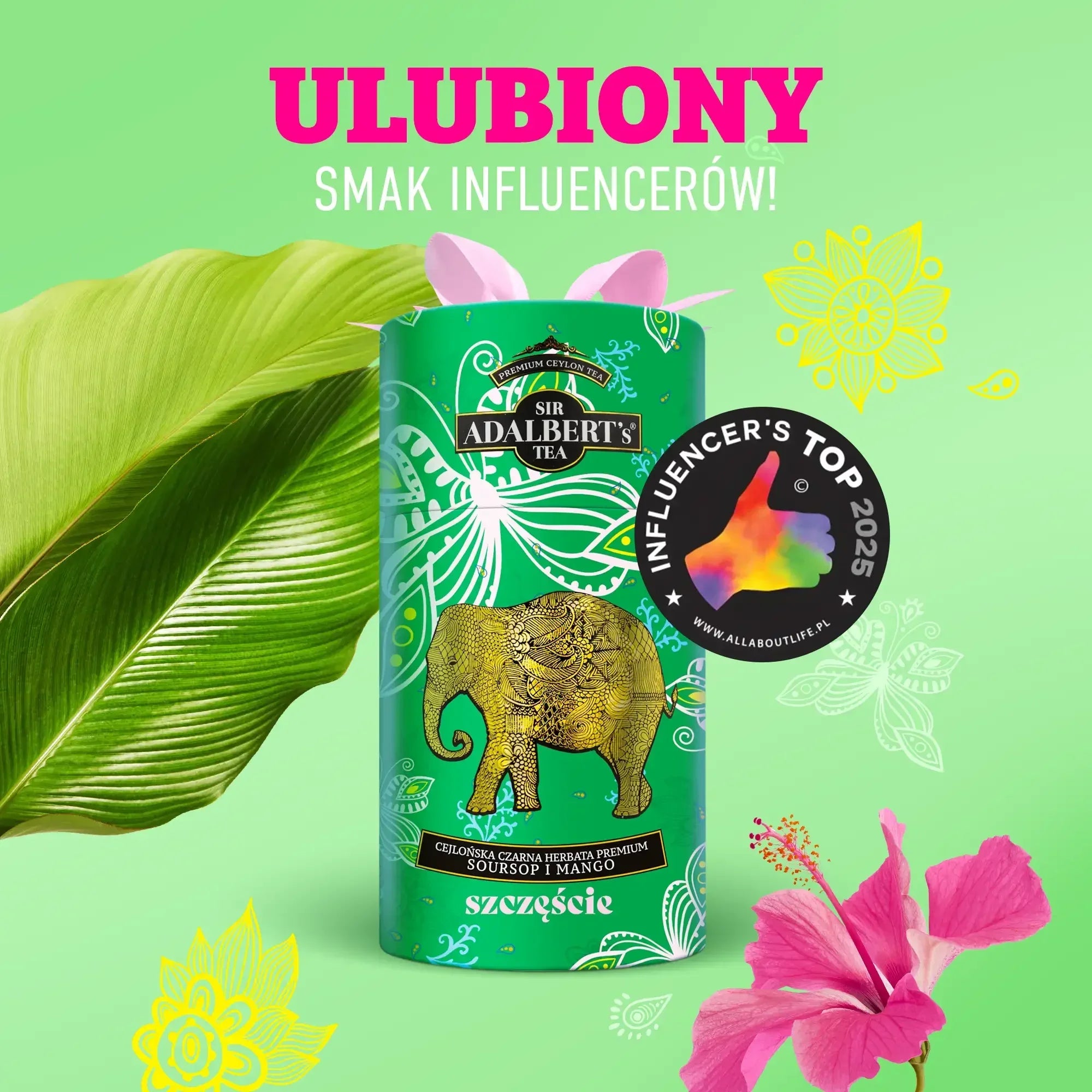 Puszka herbaty Sir Adalbert's Tea premium soursop mango z zielonym liściem i kwiatem hibiskusa