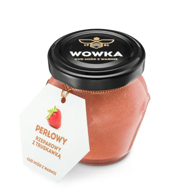 Słoik miodu rzepakowego z truskawką Wowka Perłowy, etykieta i czarna zakrętka