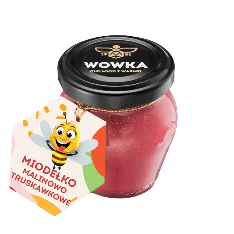 Słoik malinowo-truskawkowego miodu dla dzieci Wowka z czarną zakrętką i kolorową zawieszką z pszczółką